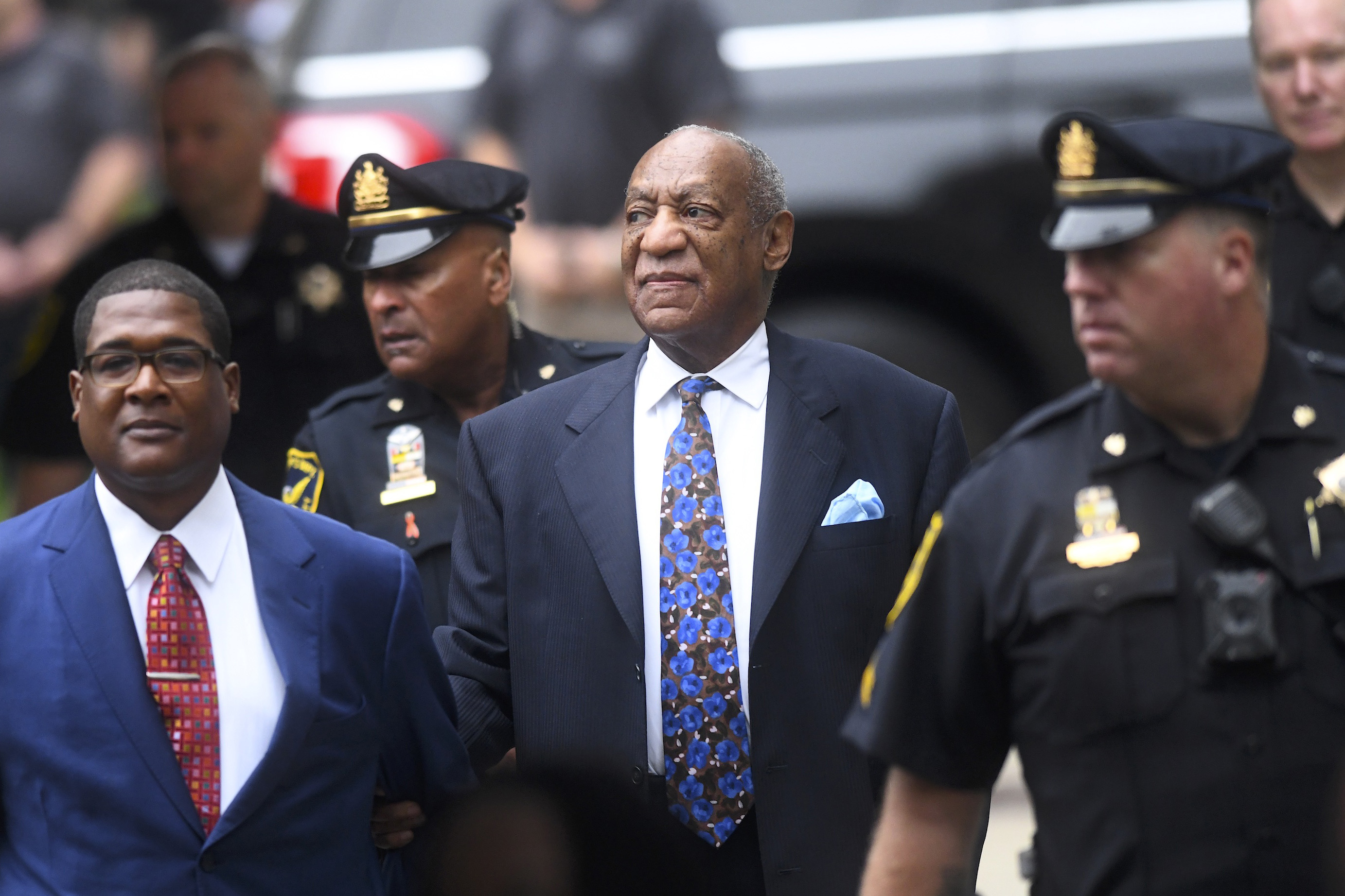 (C) Bill Cosby arrives at the Montgomery County Courthouse on the first day of sentencing in his sexual assault trial on September 24, 2018 in Norristown, Pennsylvania. In April, Cosby was found guilty on three counts of aggravated indecent assault for drugging and sexually assaulting Andrea Constand at his suburban Philadelphia home in 2004. 60 women have accused the 80 year old entertainer of sexual assault.