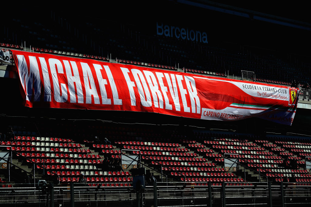 A Michael Schumacher tribute banner hung by fans in the stands during day two of F1 Winter Testing at Circuit de Catalunya on March 7, 2018, in Montmelo, Spain. (Source: Mark Thompson/Getty Images)
