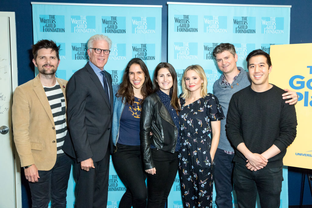 (from left to right) Moderator Adam Scott, Actor Ted Danson, Writers Megan Amram and Jen Statsky, Actress Kristen Bell and show creator Michael Schur and Writer Andrew Law attend the Writers Guild Foundation Presents - The Serialized Sitcom: Writing And Acting With 'The Good Place' at ArcLight Hollywood on May 25, 2017 in Hollywood, California. (Photo by Greg Doherty/Getty Images)