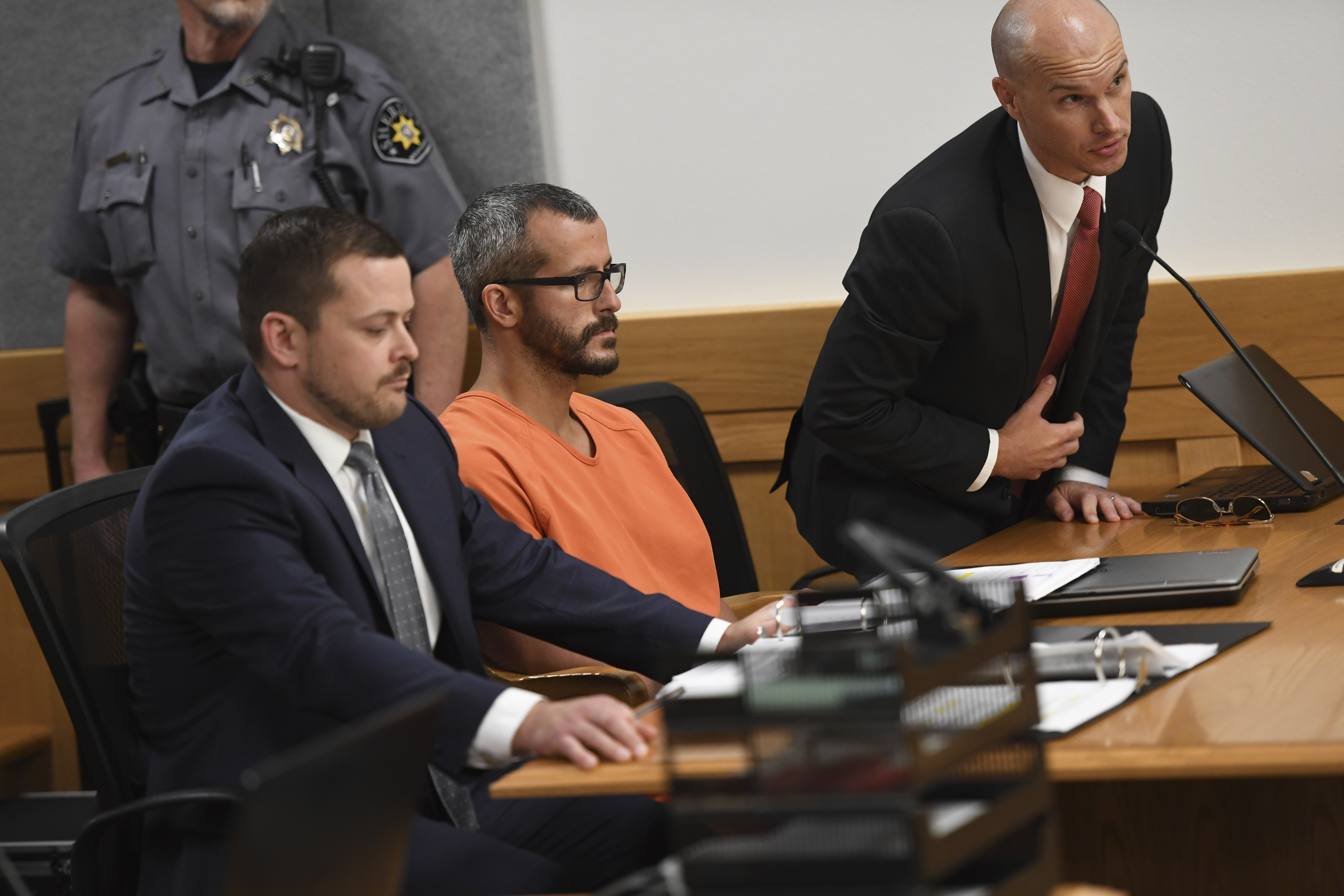 Christopher Watts is in court for his arraignment hearing at the Weld County Courthouse on August 21, 2018 in Greeley, Colorado. Watts faces nine charges, including several counts of first-degree murder of his wife and his two young daughters. (Getty Images)