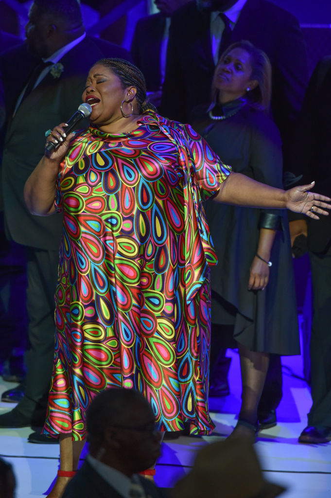 Singer Kathy Taylor Brown performs on stage at a Tribute Concert to celebrate the life of songstress Aretha Franklin at Chene Park on August 30, 2018 in Detroit, Michigan. (Photo by Aaron J. Thornton/Getty Images)
