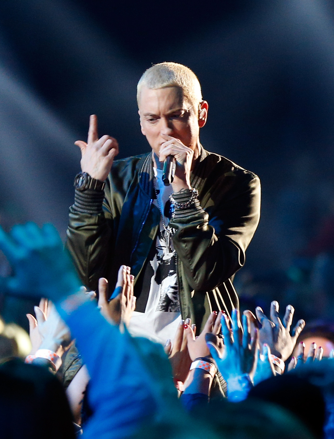 Recording artist Eminem performs onstage at the 2014 MTV Movie Awards at Nokia Theatre L.A. Live on April 13, 2014 in Los Angeles, California.