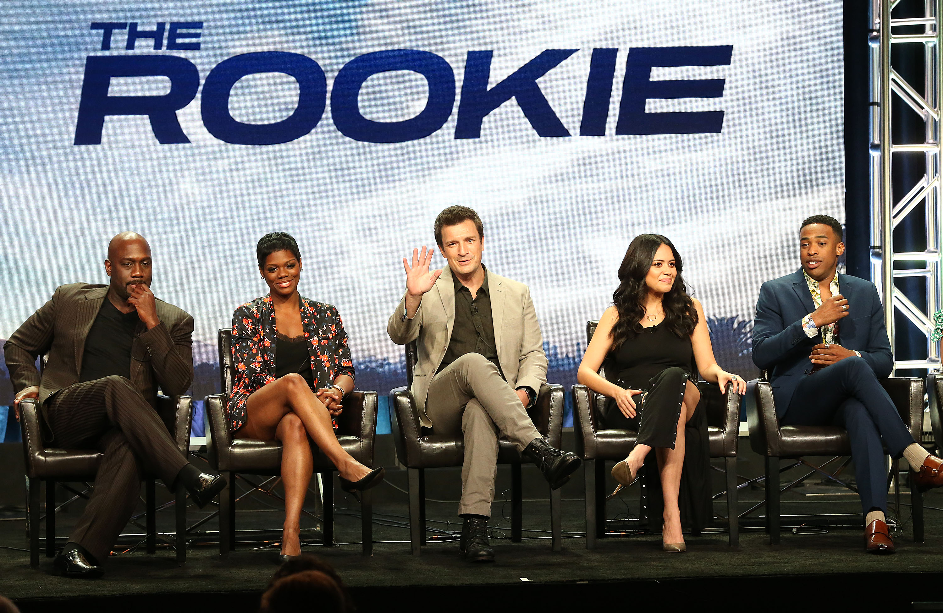 (L-R) Actor Richard T. Jones, actress Afton Williams, actor Nathan Fillion, actress Alyssa Diaz, and actor Titus Makin, Jr., of the television show 'The Rookie' speak during the Disney/ABC segment of the Summer 2018 Television Critics Association Press Tour at the Beverly Hilton Hotel on August 7, 2018 in Beverly Hills, California.