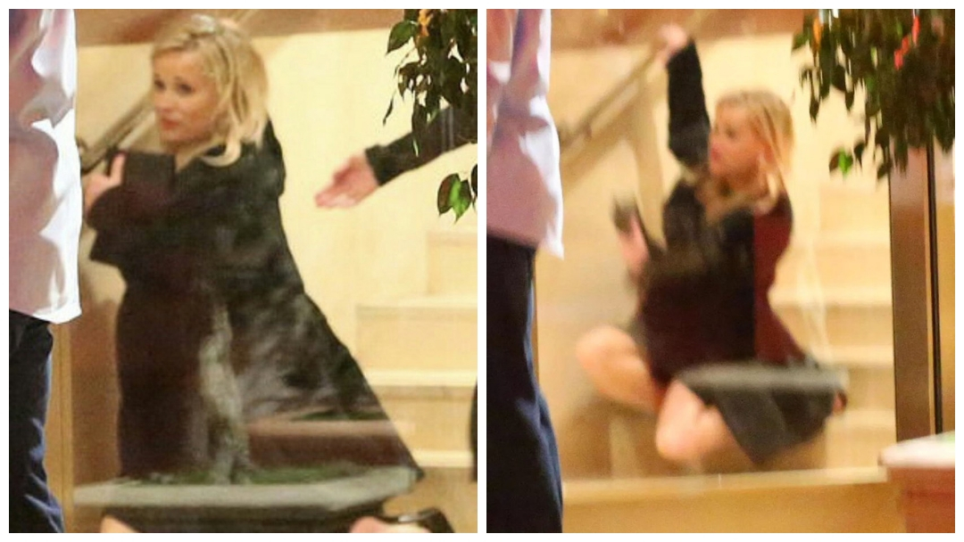 The fall, which was captured on camera showed the actress' bodyguard and an assistant look on helplessly as she made her bleary-eyed exit from the party. (Source: Twitter)
