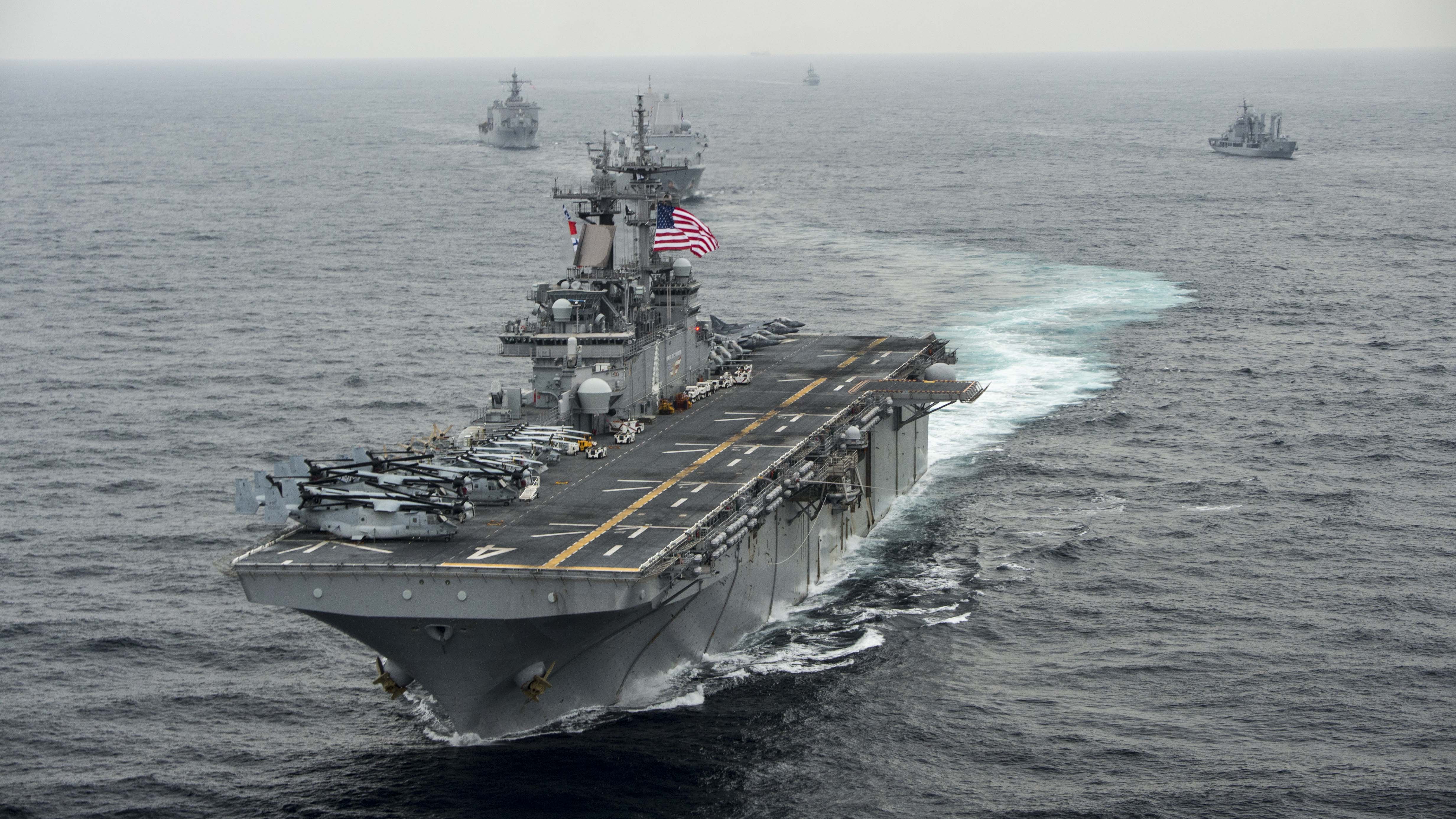 In this handout photo provided by the U.S. Navy, the amphibious assault ship USS Boxer (LHD 4) transits the East Sea on March 8, 2016 during Exercise Ssang Yong 2016.