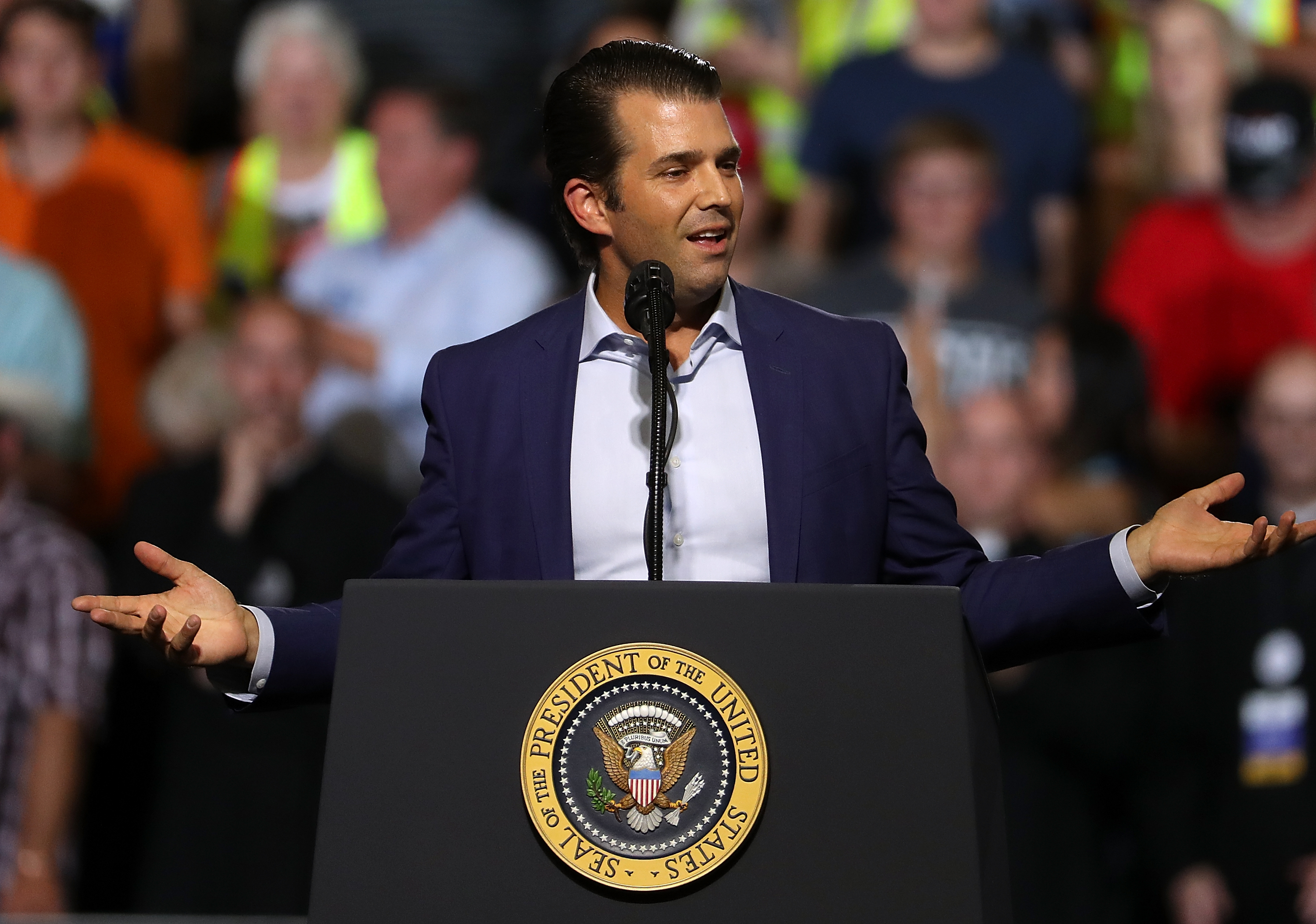 Donald Trump Jr. speaks during a campaign rally at Four Seasons Arena on July 5, 2018 in Great Falls, Montana. President Trump held a campaign style 'Make America Great Again' rally in Great Falls, Montana with thousands in attendance.