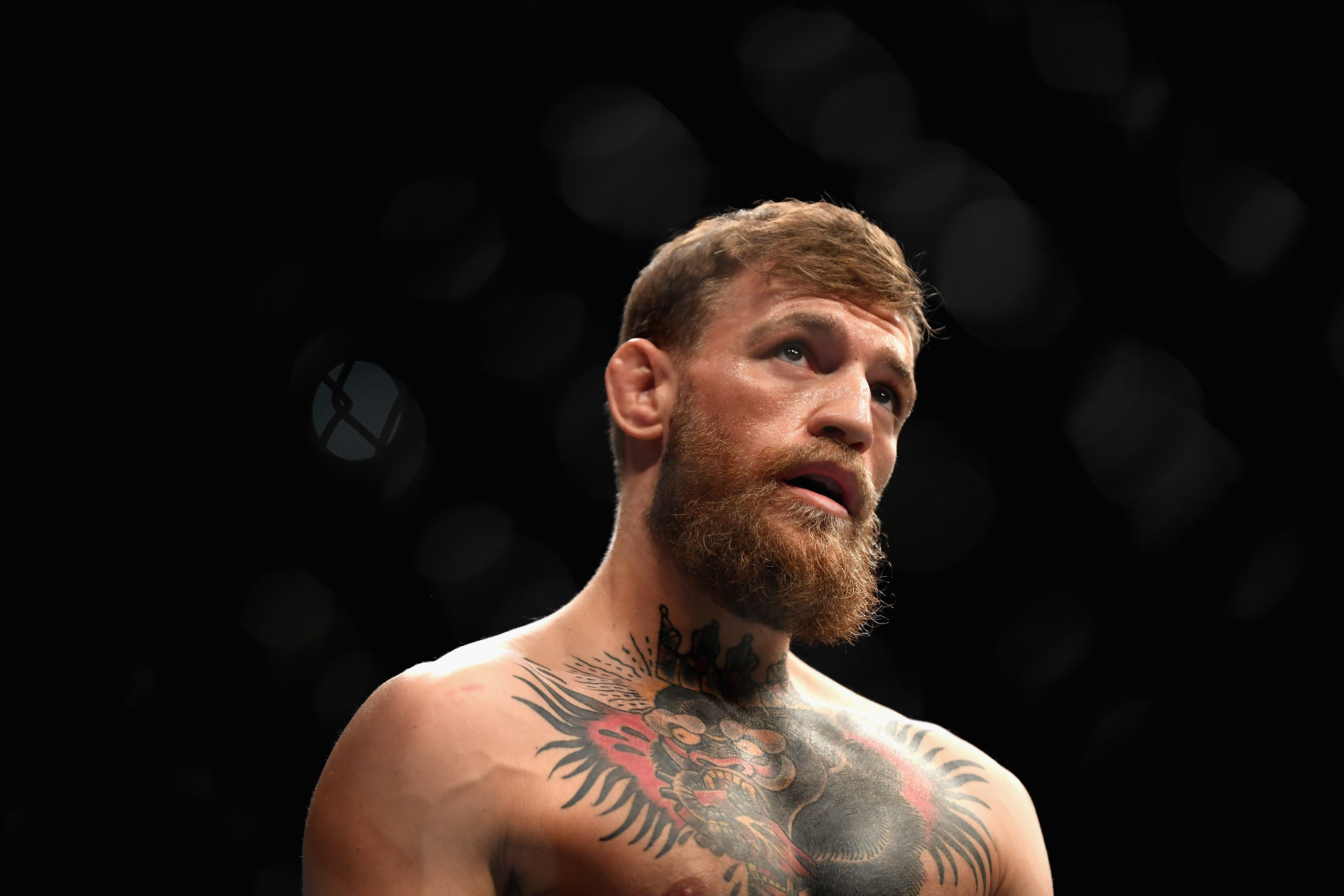 Conor McGregor of Ireland looks on in the octagon before competing against Khabib Nurmagomedov of Russia in their UFC lightweight championship bout during the UFC 229 event inside T-Mobile Arena on October 6, 2018 in Las Vegas, Nevada.