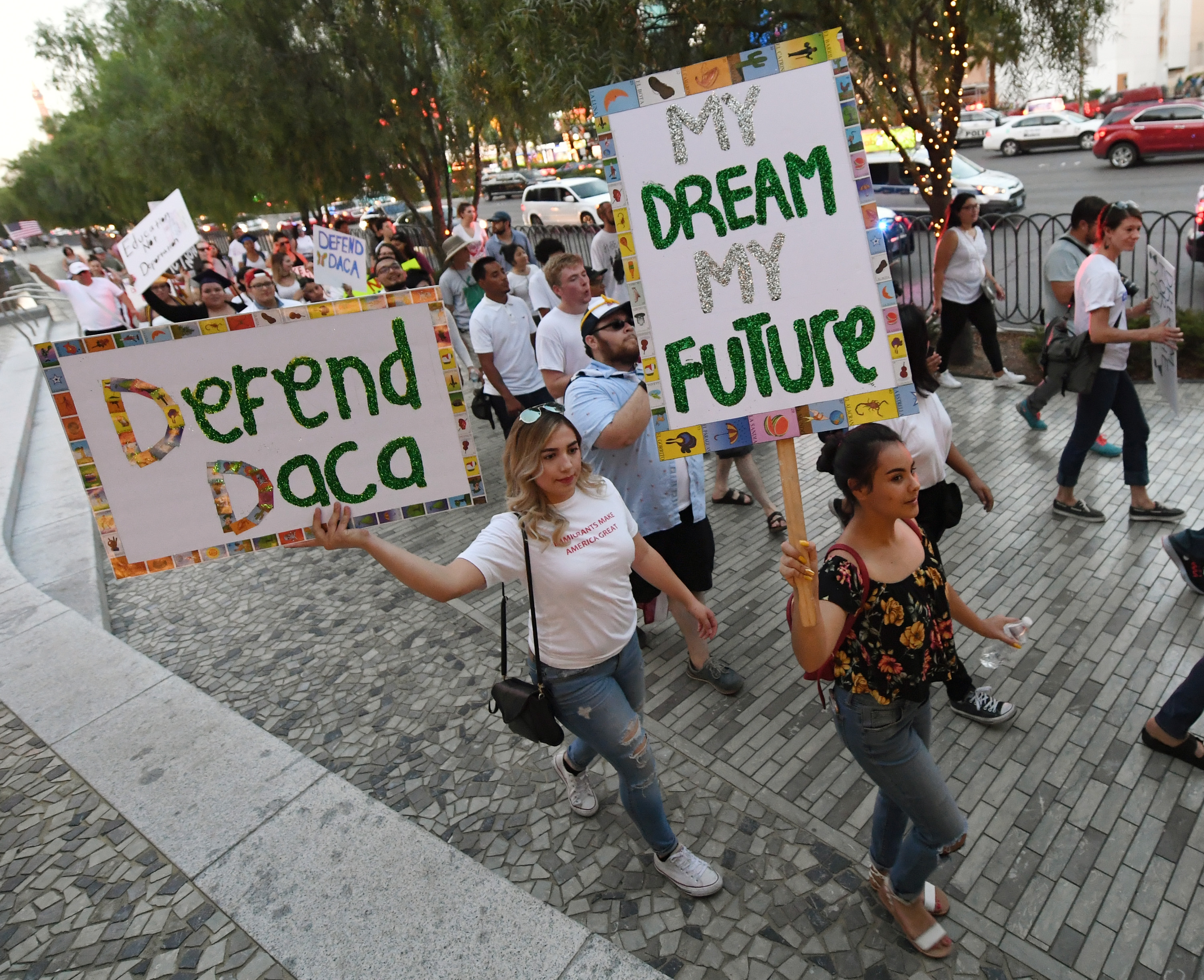 Immigrants and supporters march on the Las Vegas Strip during a 'We Rise for the Dream' rally to oppose U.S. President Donald Trump's order to end DACA on September 10, 2017, in Las Vegas, Nevada. The Obama-era Deferred Action for Childhood Arrivals program protects young immigrants who grew up in the U.S. after arriving with their undocumented parents from deportation to a foreign country. Trump's executive order removes protection for about 800,000 current 'dreamers,' about 13,000 of whom live in Nevada. Congress has the option to replace the policy with legislation before DACA expires on March 5, 2018 (Getty Images)