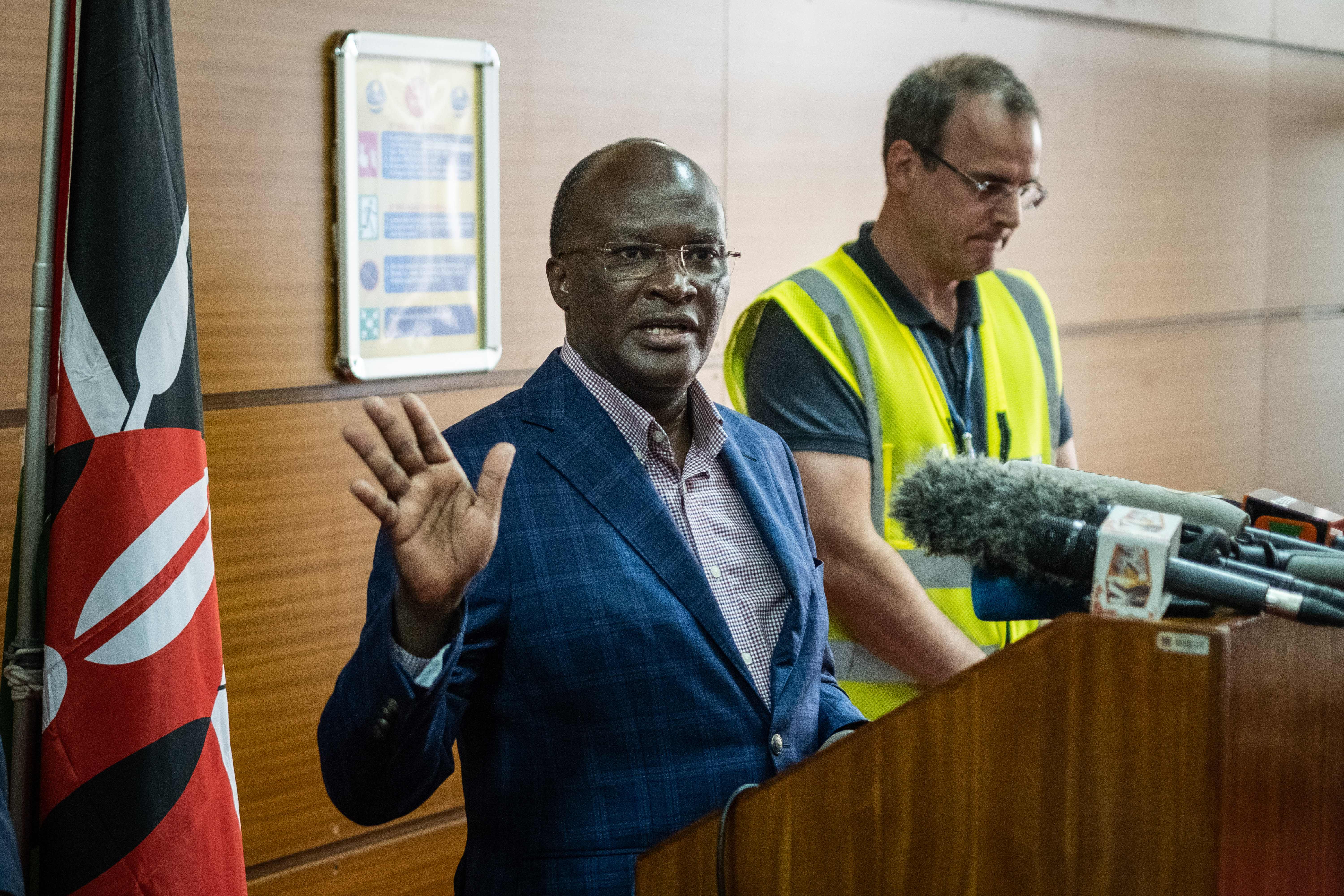 Kenya Airport Authority (KAA) Managing Director and CEO Jonny Andersen and Kenya's Transport Minister James Macharia (L) give a press conference on Ethiopia airline's crash in Ethiopia, at the Jomo Kenyatta International Airport in Nairobi, Kenya, on March 10, 2019. (YASUYOSHI CHIBA/AFP/Getty Images)