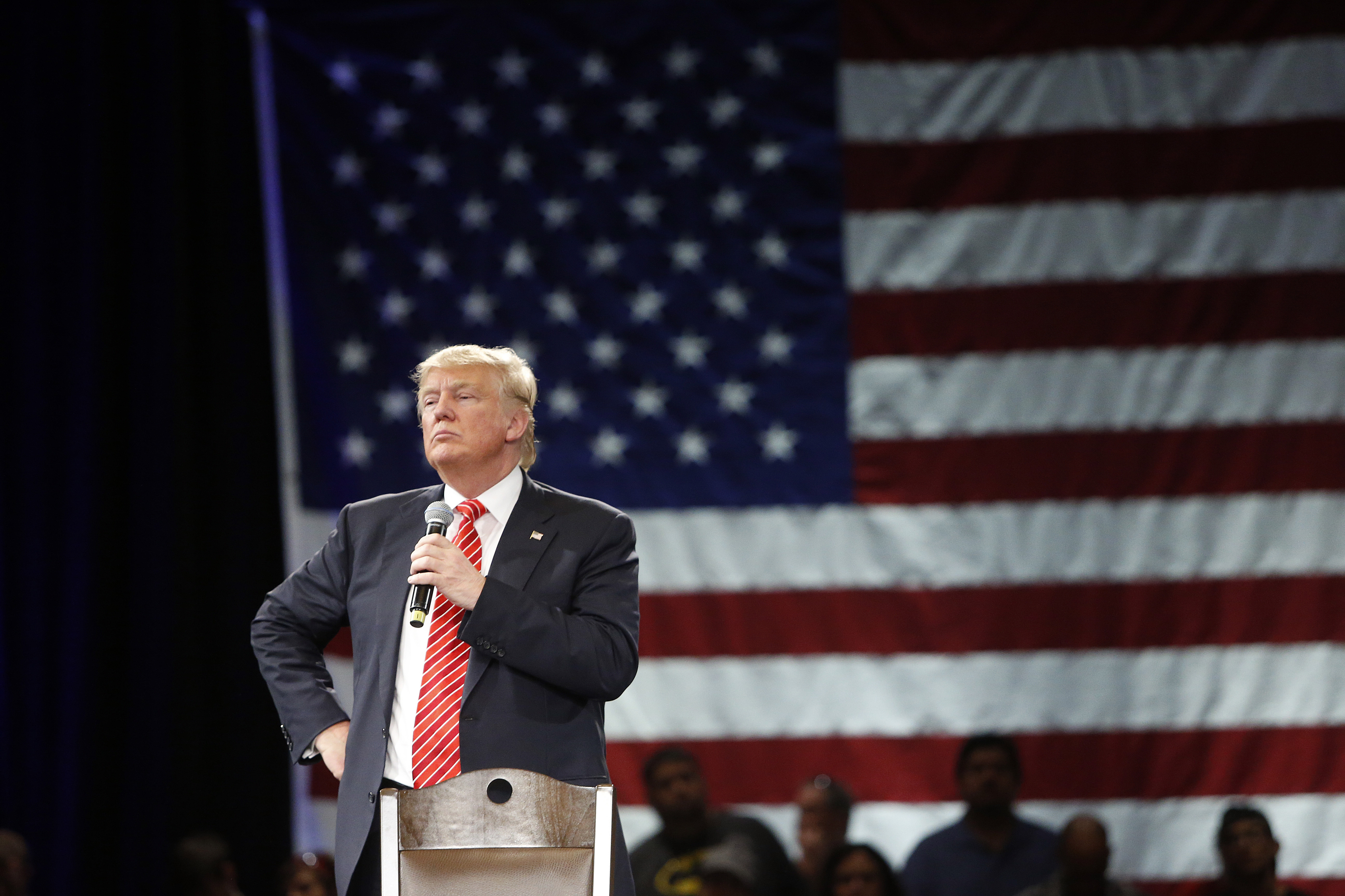 Republican presidential candidate Donald Trump speaks to supporters during a town hall meeting on March 14, 2016 at the Tampa Convention Center in Tampa , Florida. Trump is campaigning ahead of the Florida primary on March 15. (Getty Images)