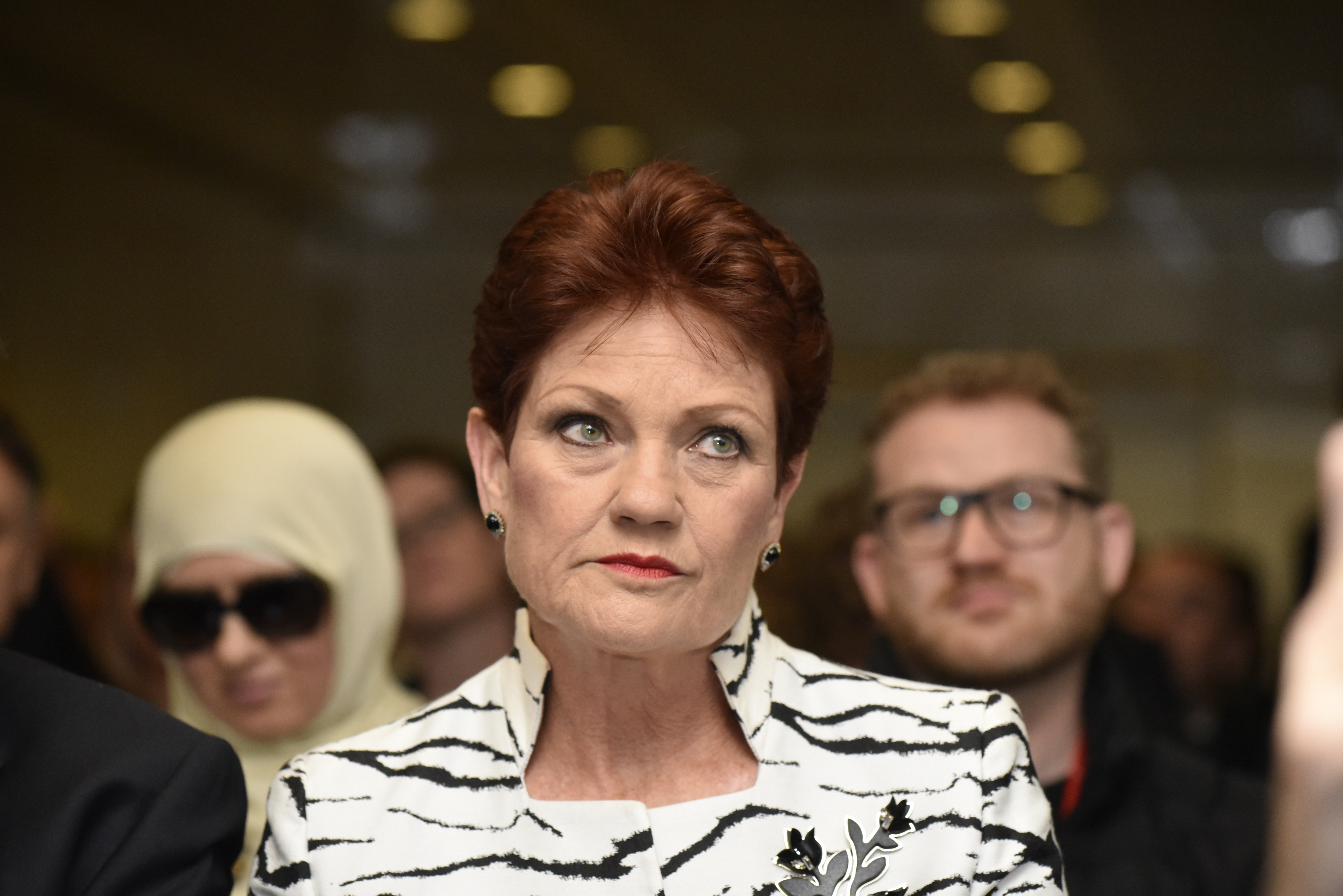 Senator Pauline Hanson listens as Milo Yiannopoulos speaks during an event hosted by senator David Leyonhjelm at Parliament House on December 5, 2017 in Canberra, Australia. Yiannopoulos is touring Australia with his Troll Academy show. (Getty Images)