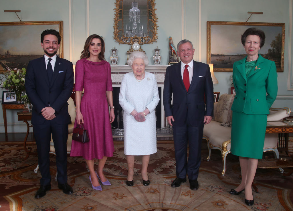 Queen Elizabeth II with (L-R) Crown Prince Hussein of Jordan, Queen Rania of Jordan, King Abdullah II of Jordan and Princess Anne, Princess Royal during a private audience at Buckingham Palace on February 28, 2019 in London, England. (Photo by Yui Mok - WPA Pool/Getty Images)