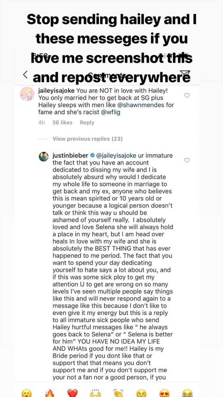 Justin Bieber takes matters in his hand as Instagram user hates on his wife Hailey and their relationship (Instagram)