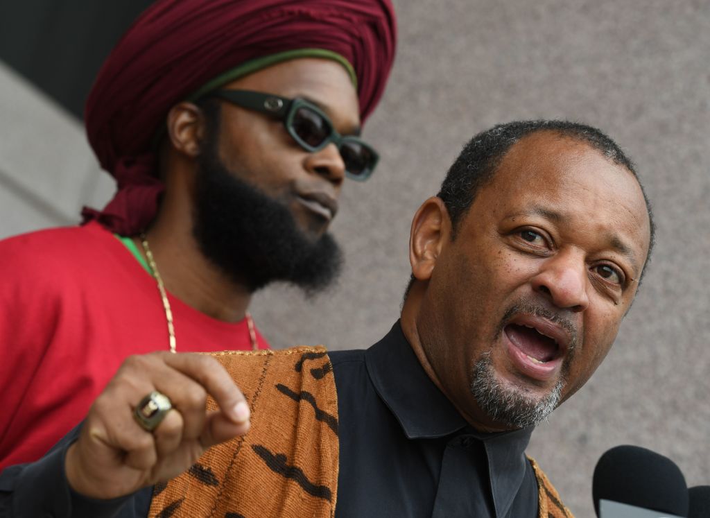 Najee Ali (R) of Project Islamic Hope holds a press conference to call for the arrest and prosecution of 'Empire' television series star Jussie Smollett, for what Ali calls 'lying and filing a false police report to Chicago police stating he was the victim of a hate crime by Donald Trump supporters' in Los Angeles, California on February 17, 2019. - Smollett, 36, who is black and openly gay, reported to police on January 29th that two men beat him while he walked downtown in the third-largest American city. New evidence suggests Smollett may have paid two men to orchestrate the assault. (Photo MARK RALSTON/AFP/Getty Images)