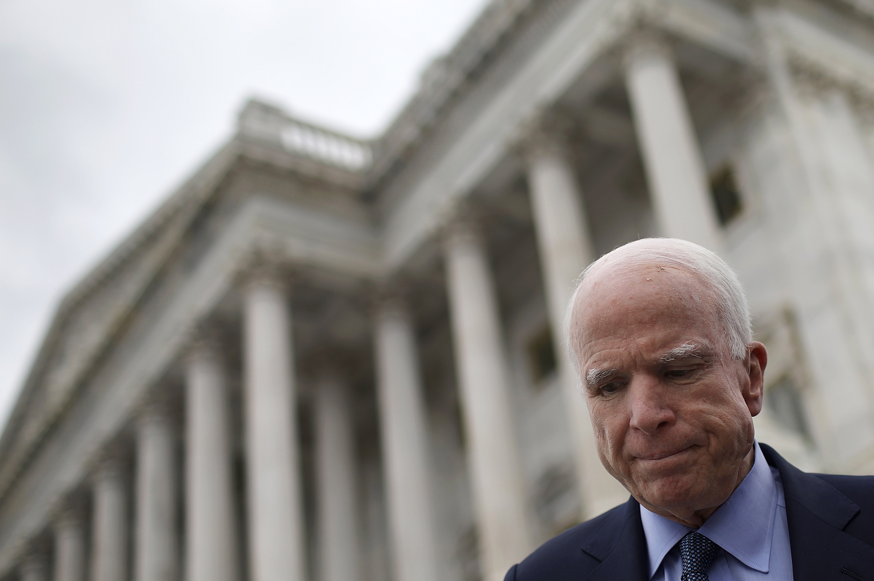 After answering questions from reporters, Sen. John McCain departs the U.S. Capitol for a briefing on North Korea at the White House April 26, 2017 in Washington, DC. Members of U.S. President Donald Trump's national security team held a briefing on North Korea at the White House for the entire U.S. Senate.