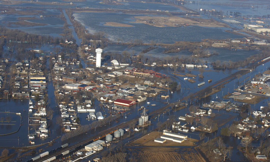 The city of Valley is inundated with floodwaters Sunday, March 17, 2019, in Valley, Neb. (AP)