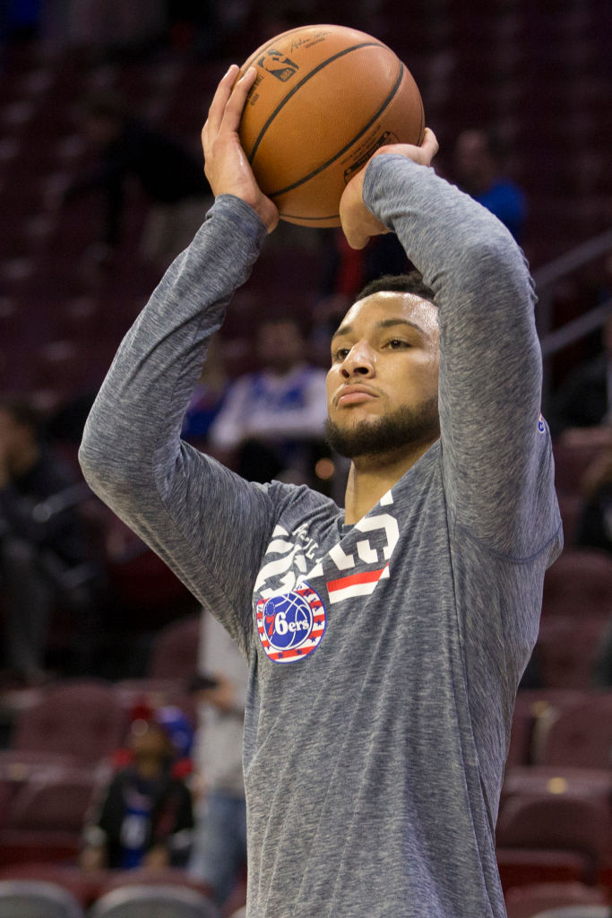 Ben Simmons #25 of the Philadelphia 76ers warms up prior to the game against the Utah Jazz at the Wells Fargo Center on November 16, 2018 in Philadelphia, Pennsylvania. (Photo by Mitchell Leff/Getty Images)
