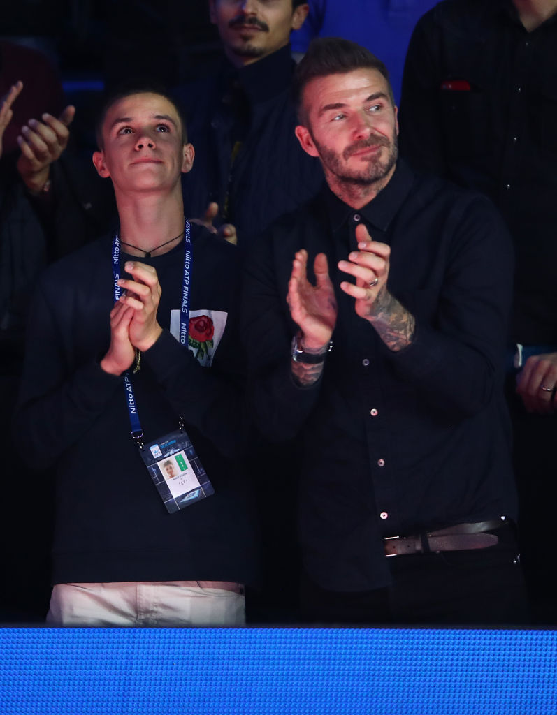 David Beckham and his son Romeo Beckham watch on during the final during Day Eight of the Nitto ATP Finals at The O2 Arena on November 18, 2018 in London, England. (Photo by Clive Brunskill/Getty Images)