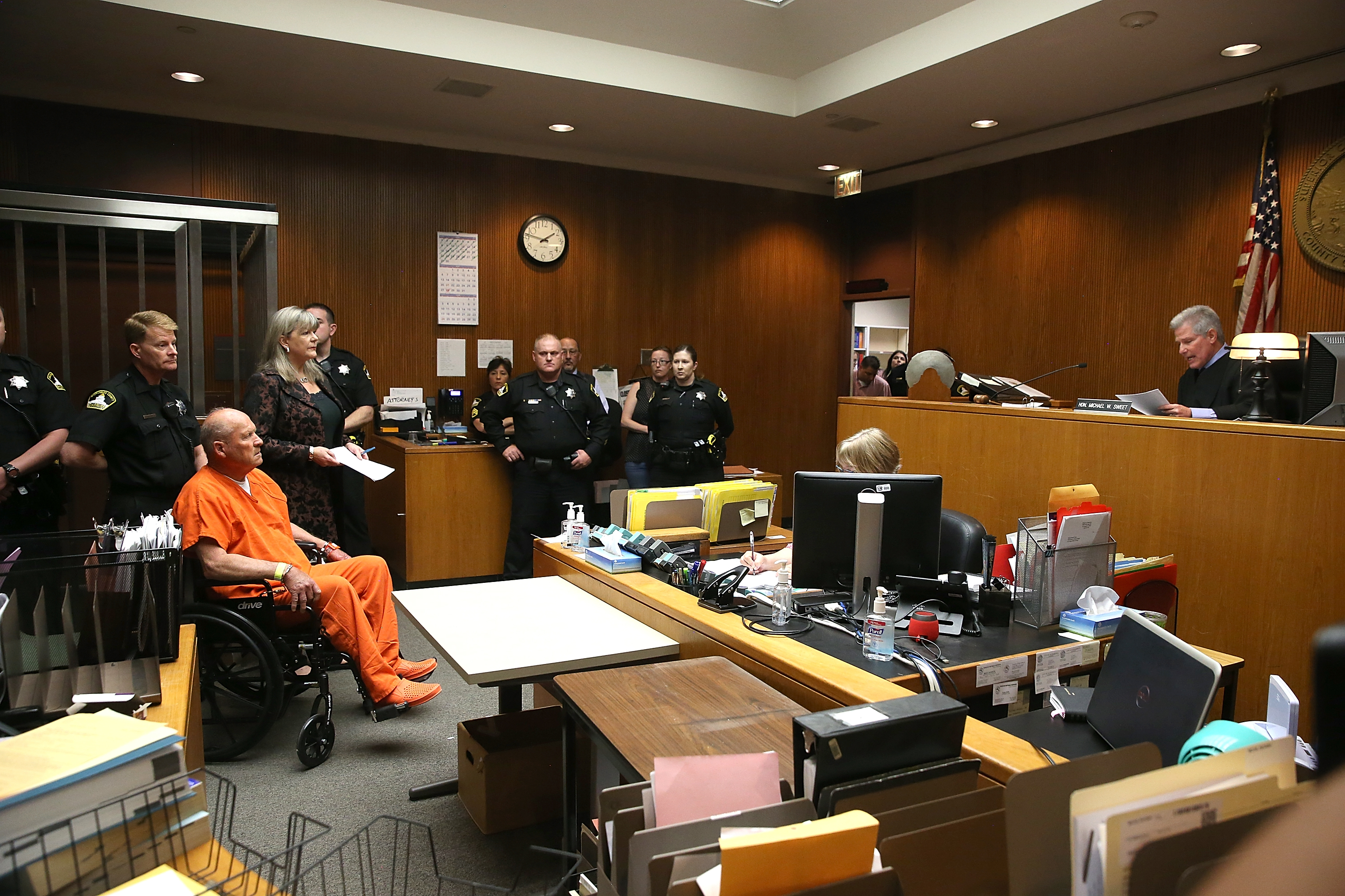 Joseph James DeAngelo, (L) the suspected 'Golden State Killer', appears in court for his arraignment before Judge Michael Sweet (R), on April 27, 2018 in Sacramento, California