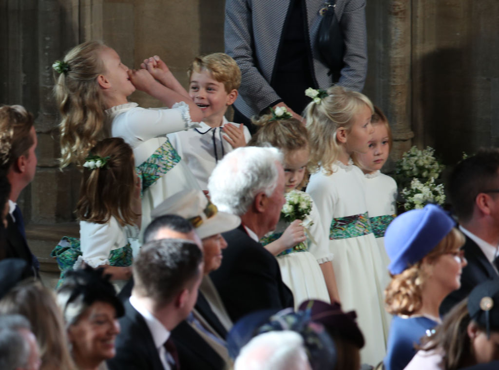 The bridesmaids and pageboys, including Prince George and Princess Charlotte, arrive for the wedding of Princess Eugenie to Jack Brooksbank at St George's Chapel in Windsor Castle on October 12, 2018, in Windsor, England. (Getty Images)