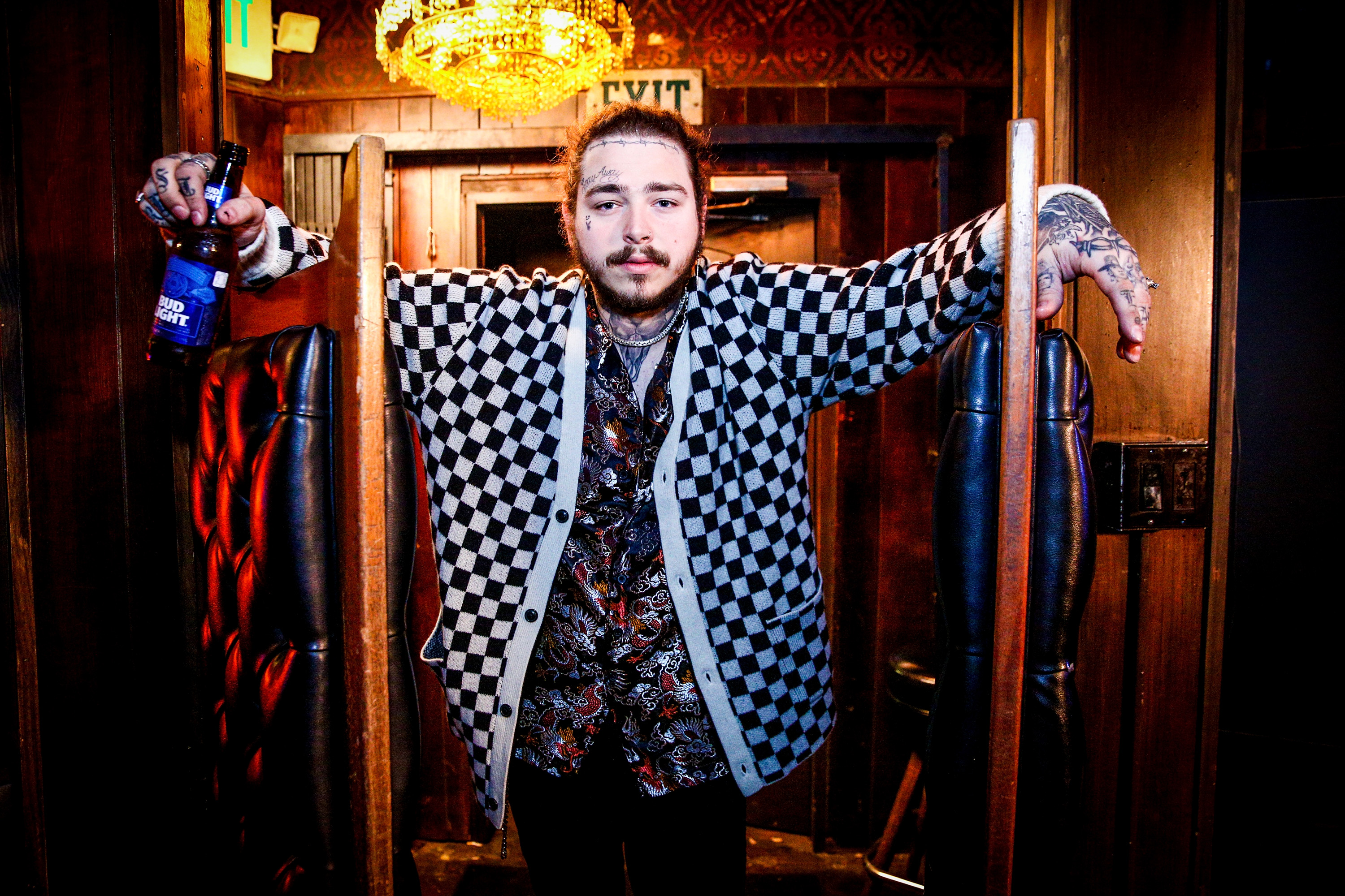Post Malone behind the scenes before his Bud Light Dive Bar Tour show in Nashville at Footsies Dive Bar on March 20, 2018 in Los Angeles, California.