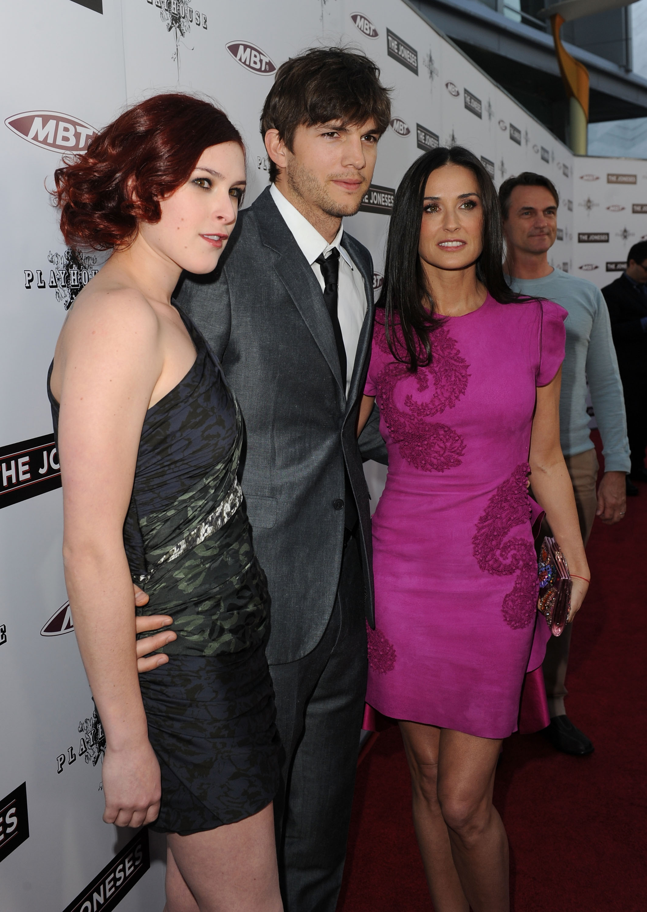 Actress Rumer Willis, Actor Ashton Kutcher and Actress Demi Moore arrive at Roadside Attractions & Echo Lake Entertainment's premiere of 'The Joneses' held at Arclight Hollywood Cinema on April 8, 2010 in Los Angeles, California.