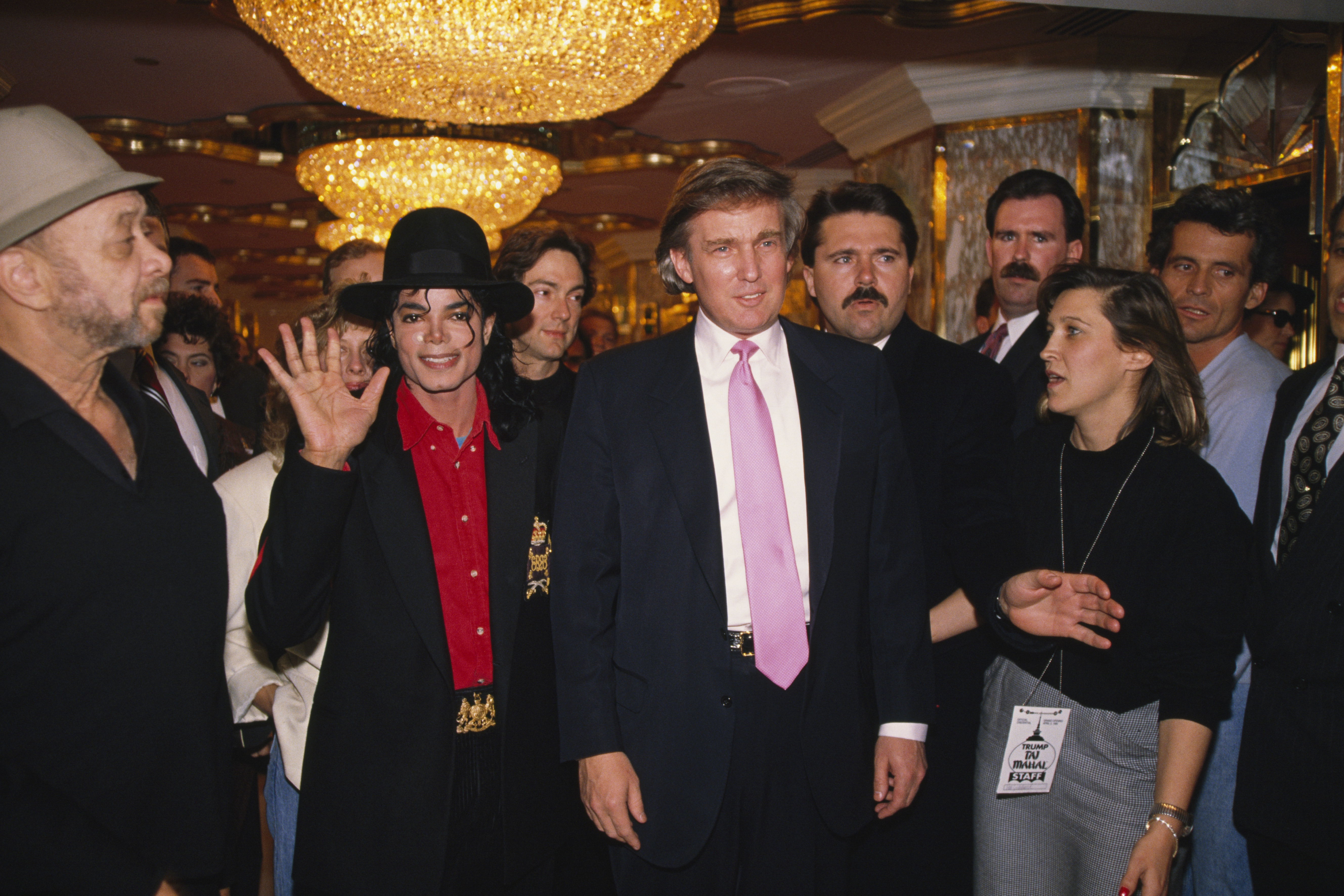 Donald Trump attends the opening of his new casino-hotel the Taj Mahal with singer Micheal Jackson. (Photo by Yann Gamblin/Paris Match via Getty Images)