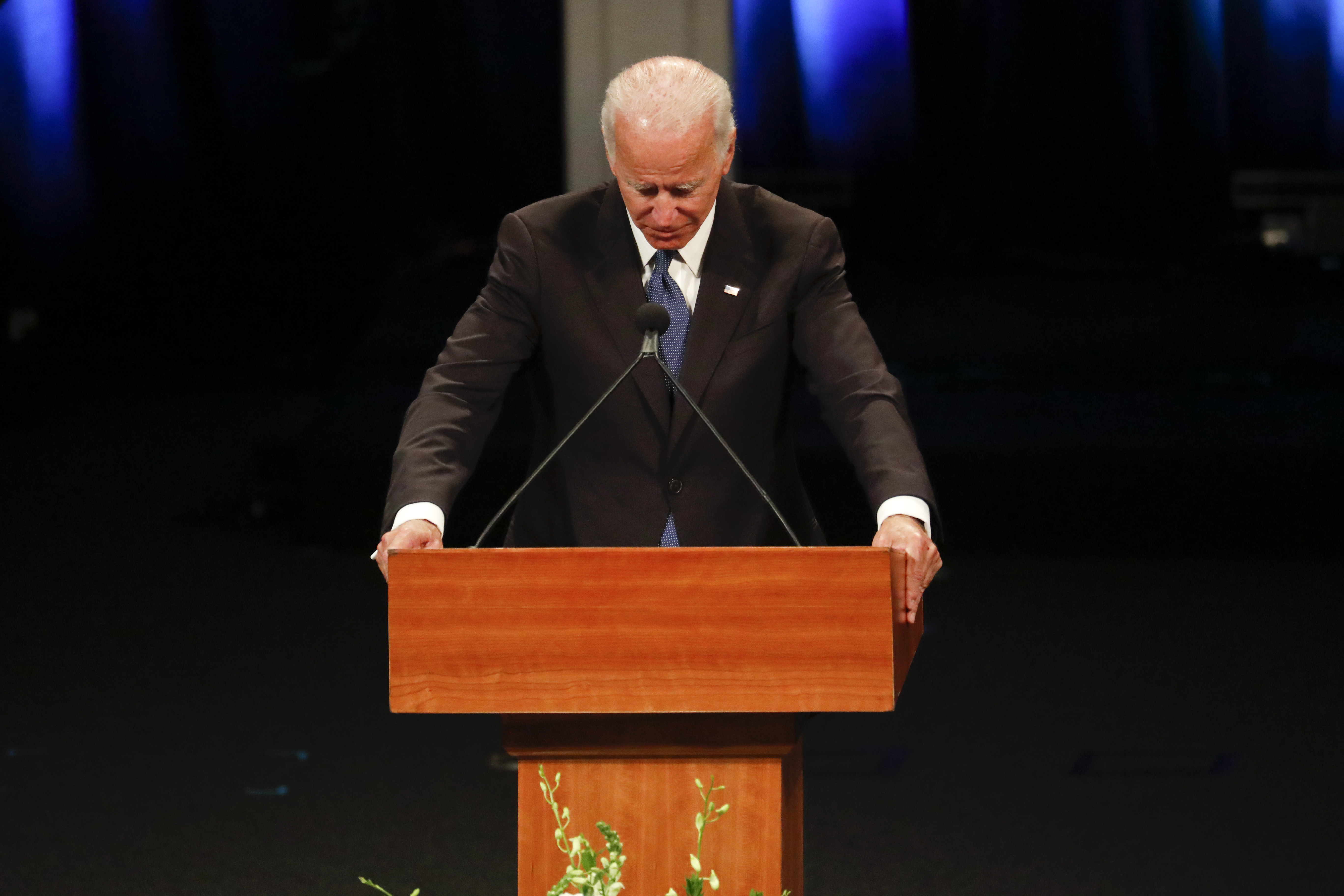 Former U.S. Vice President Joe Biden gives a tribute during memorial service at North Phoenix Baptist Church for Sen. John McCain, R-Ariz. on August 30, 2018 in Phoenix, Arizona. Thousands are expected for the memorial which will include tributes and readings for the late senator who died August 25 at the age of 81 after a long battle with Glioblastoma, a form of brain cancer.