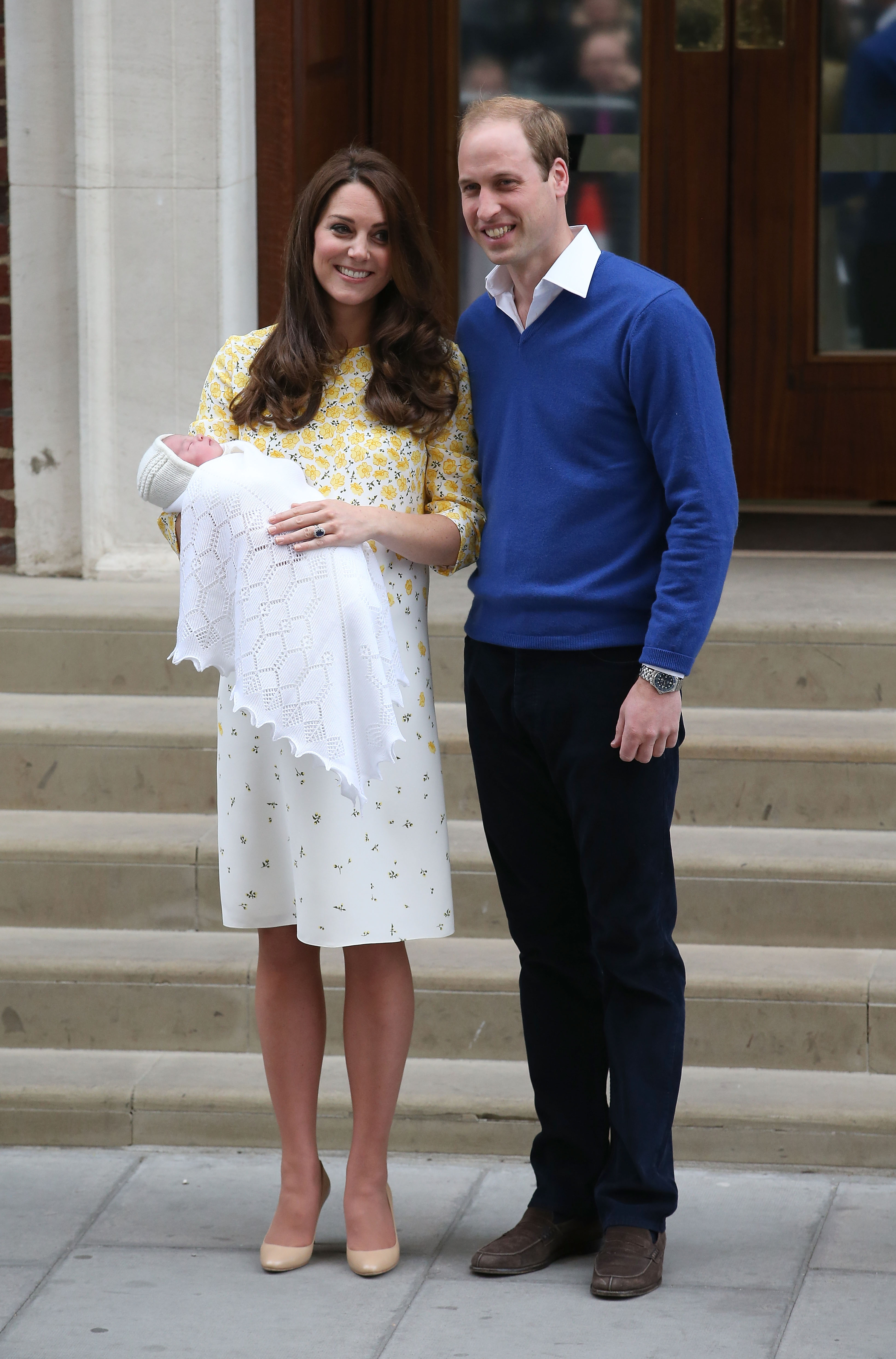 Catherine, Duchess of Cambridge and Prince William, Duke of Cambridge depart the Lindo Wing with their newborn daughter at St Mary's Hospital on May 2, 2015 in London, England. The Duchess was safely delivered of a daughter at 8:34am this morning, weighing 8lbs 3 oz who will be fourth in line to the throne.
