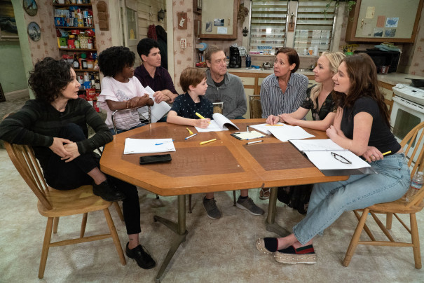 The cast of "The Conners" (left to right:) Sara Gilbert, Jayden Rey, Michael Fishman, Ames McNamara, John Goodman, Laurie Metcalf, Lecy Goranson and Emma Kenney. (Eric McCandless/ABC)