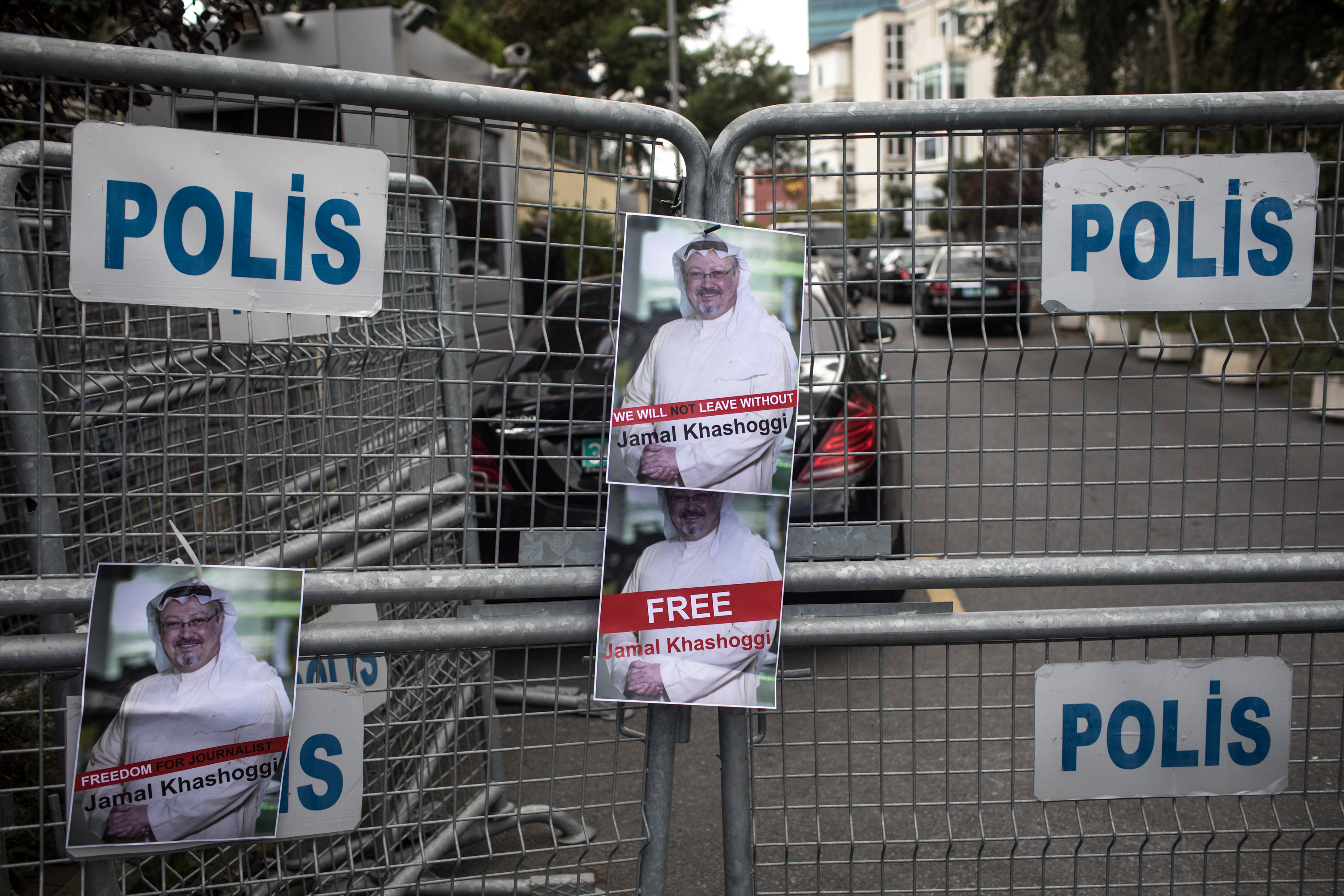Posters of Saudi journalist Jamal Khashoggi are seen stuck to a police barricade in front of Saudi Arabia's consulate on October 8, 2018 in Istanbul, Turkey. Fears are growing over the fate of missing journalist Jamal Khashoggi after Turkish officials said they believe he was murdered inside the Saudi consulate. Saudi consulate officials have said that missing writer and Saudi critic Jamal Khashoggi went missing after leaving the consulate, however the statement directly contradicts other sources including Turkish officials. Jamal Khashoggi a Saudi writer critical of the Kingdom and a contributor to the Washington Post was living in self-imposed exile in the U.S.