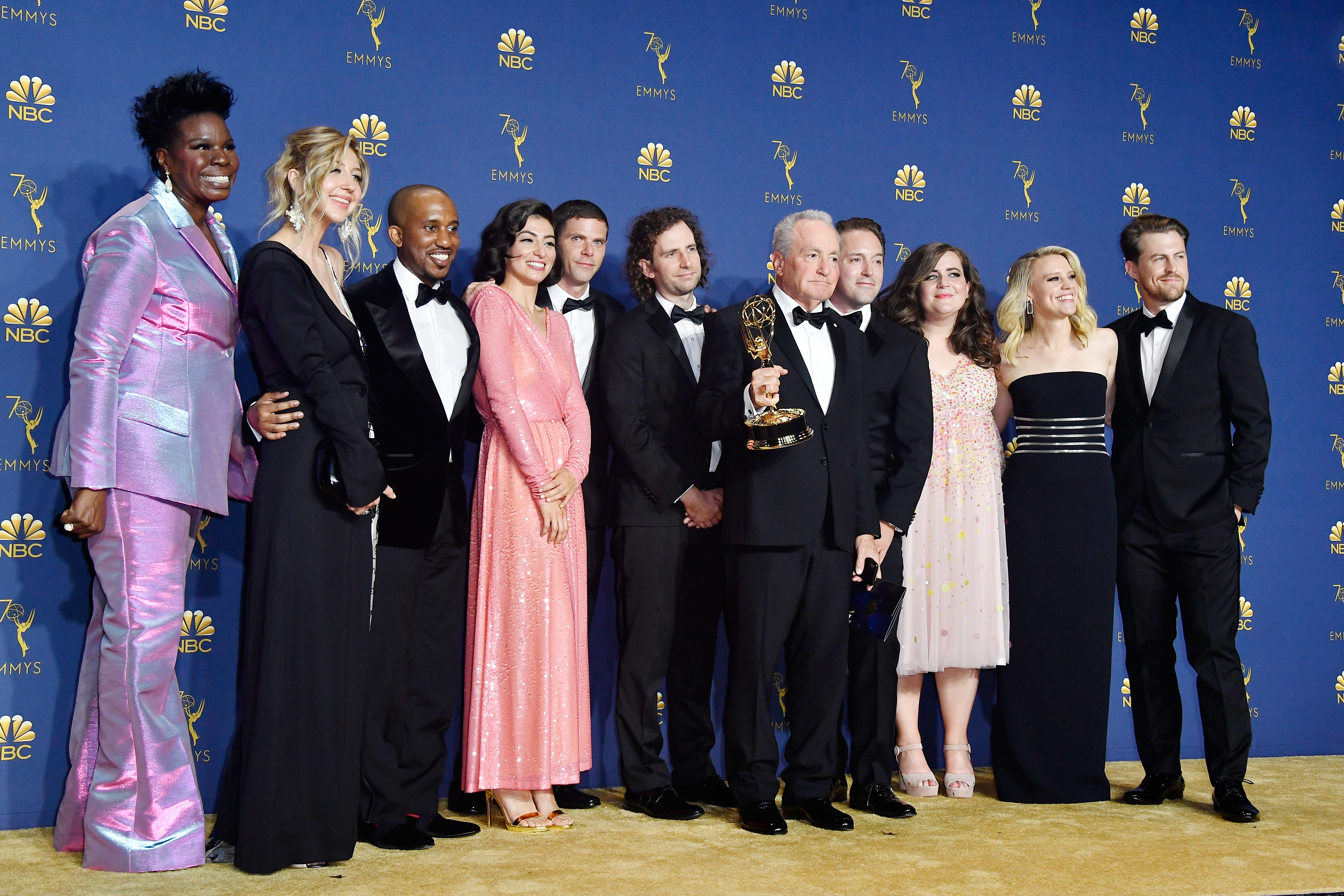 Cast and crew of Outstanding Variety Sketch Series winner Saturday Night Live pose in the press room during the 70th Emmy Awards at Microsoft Theater on September 17, 2018 in Los Angeles, California.