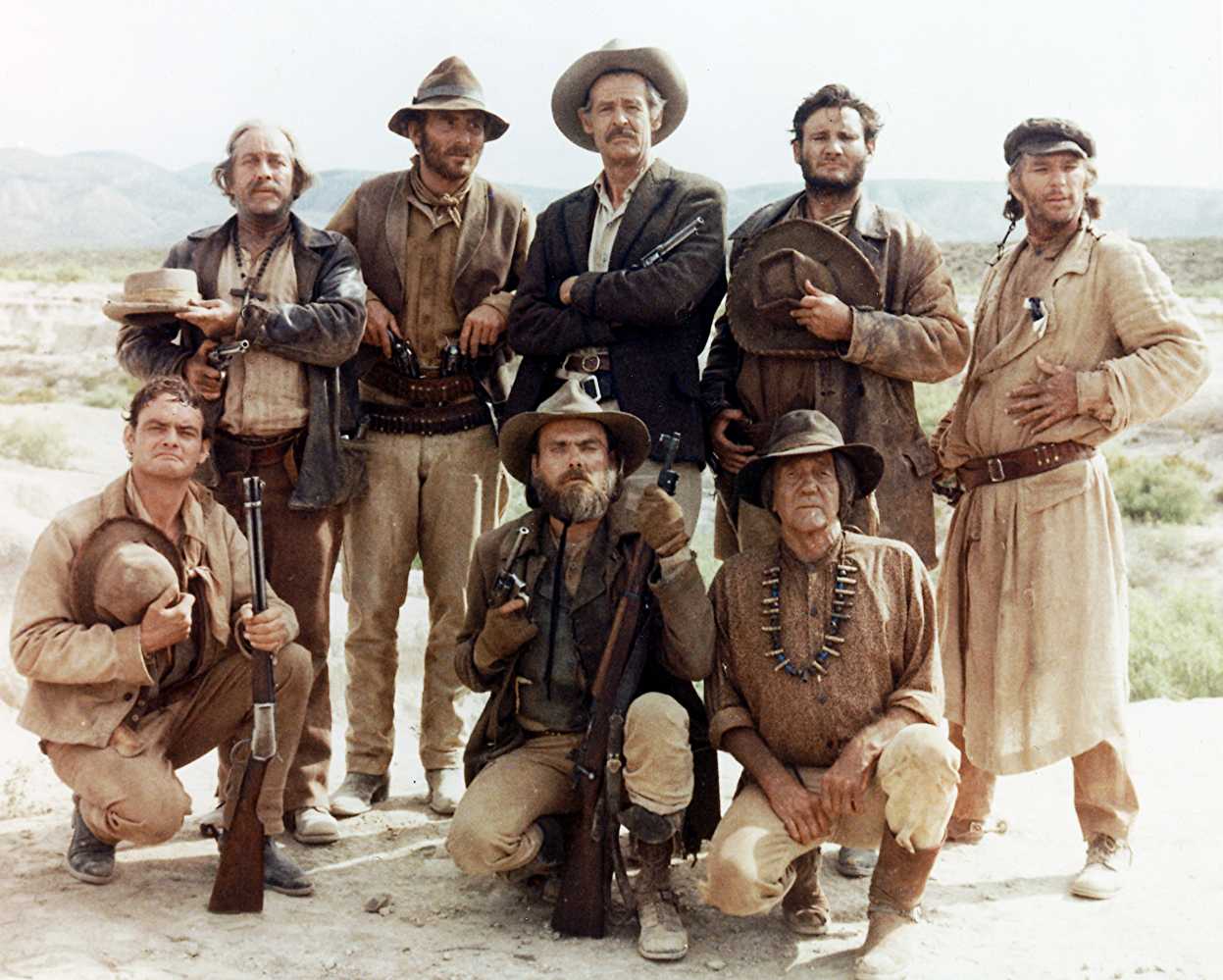 Strother Martin, Paul Harper, Bill Hart, L.Q. Jones, and Robert Ryan in The Wild Bunch (1969). (IMDb)