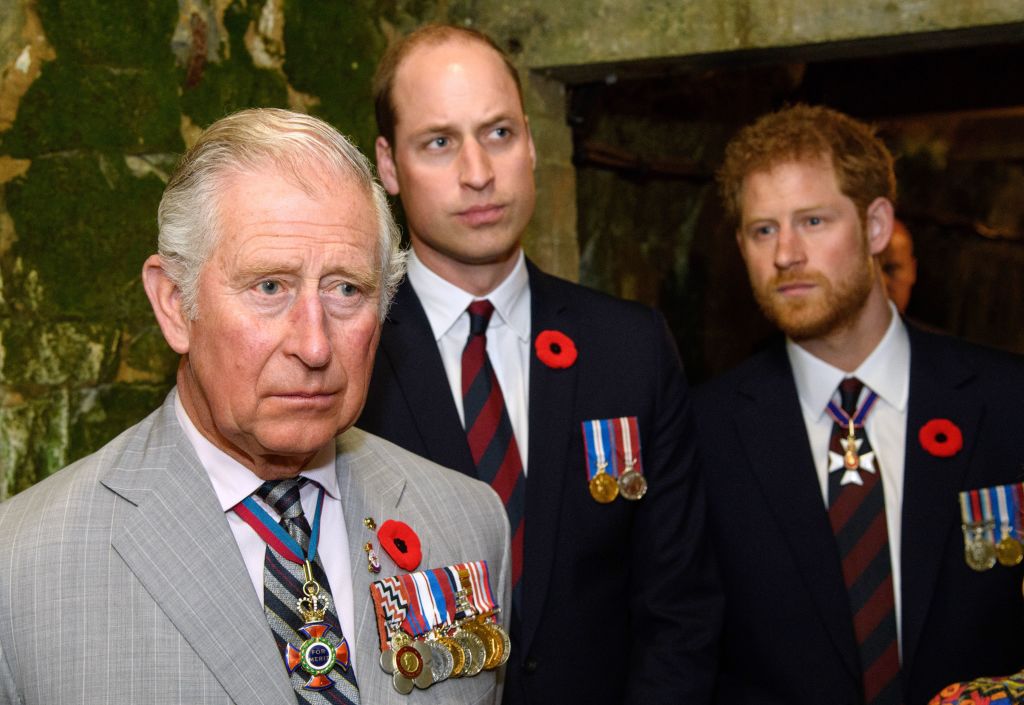 VIMY, FRANCE - APRIL 09: Prince Charles, Prince of Wales, Prince William, Duke of Cambridge and Prince Harry visit the tunnel and trenches at Vimy Memorial Park during the commemorations for the centenary of the Battle of Vimy Ridge on April 9, 2017 in Vimy, France. The Battle Of Vimy Ridge was fought during WW1 as part of the initial phase of the Battle of Arras. Although British-led, it was mostly fought by the Canadian Corps. A centenary commemorative service will be held at the Canadian National Vimy Memorial in France attended by the Prince of Wales, The Duke of Cambridge and Prince Harry and representatives of the Canadian Government. (Photo by Tim Rooke - Pool/Getty Images)