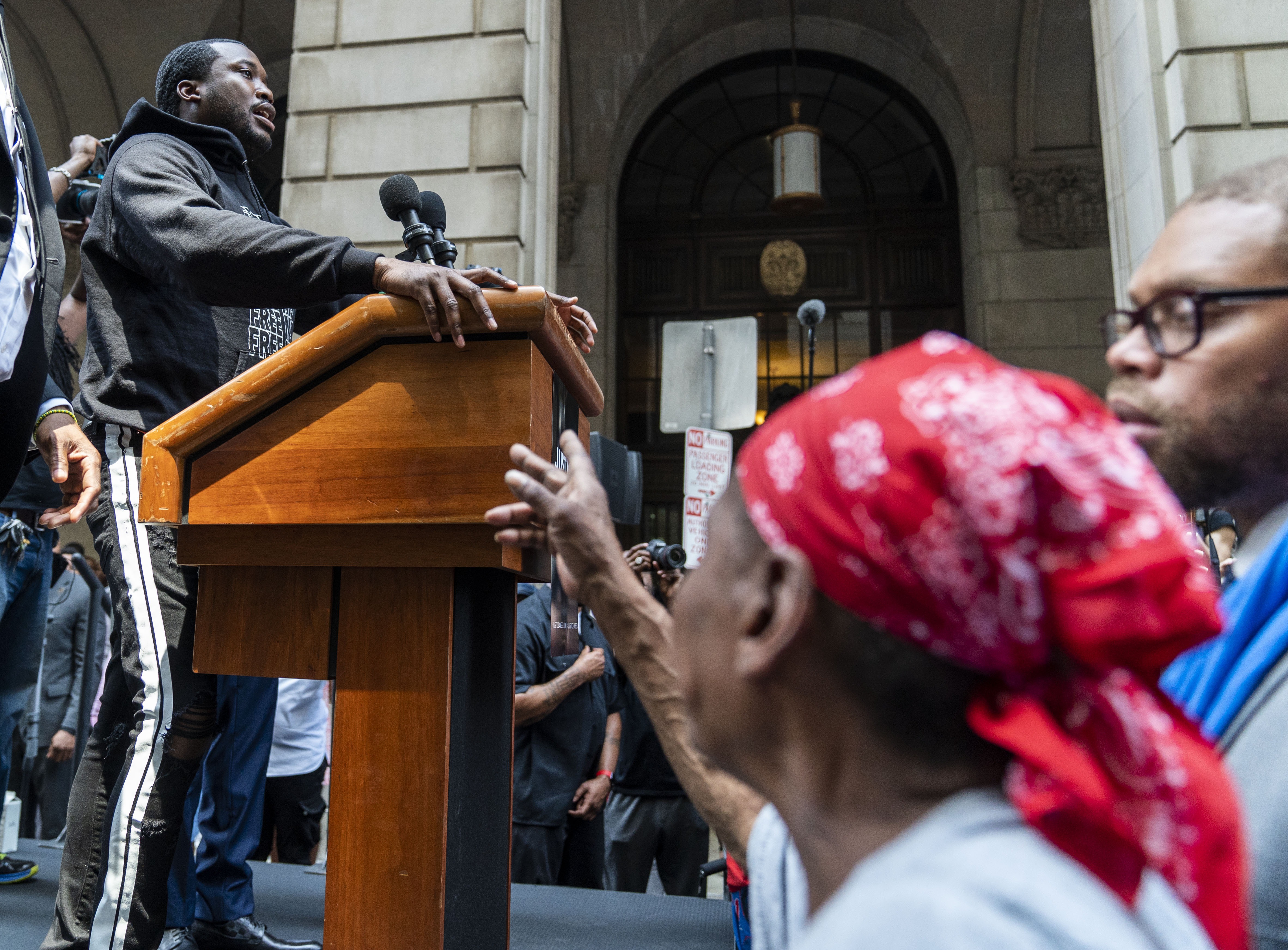 Rapper Meek Mill participates in a rally before he returns to court for a post-conviction appeal on June 18, 2018 in Philadelphia, Pennsylvania. Organizers of the 'Stand With Meek Mill' rally are calling for the judge to grant the rapper a new trial over a 2007 drug and guns case., which his lawyers have repeatedly asked for and which the District Attorney's Office does not oppose.