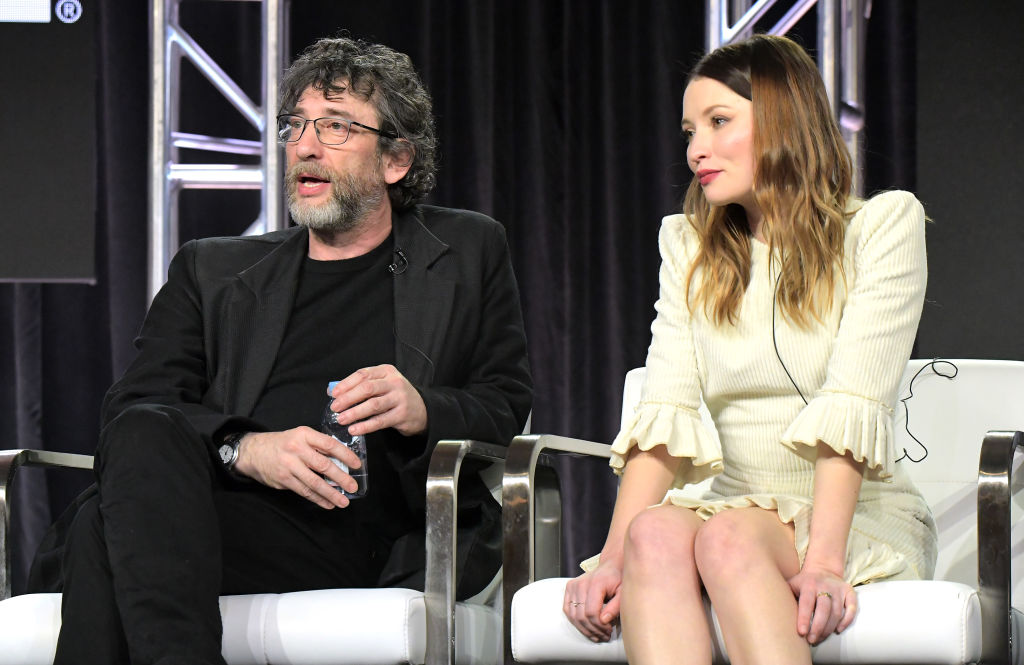 Neil Gaiman and Emily Browning of 'American Gods' speak onstage during Starz 2019 Winter TCA Panel & All-Star After Party in Los Angeles, California. (Getty Images)