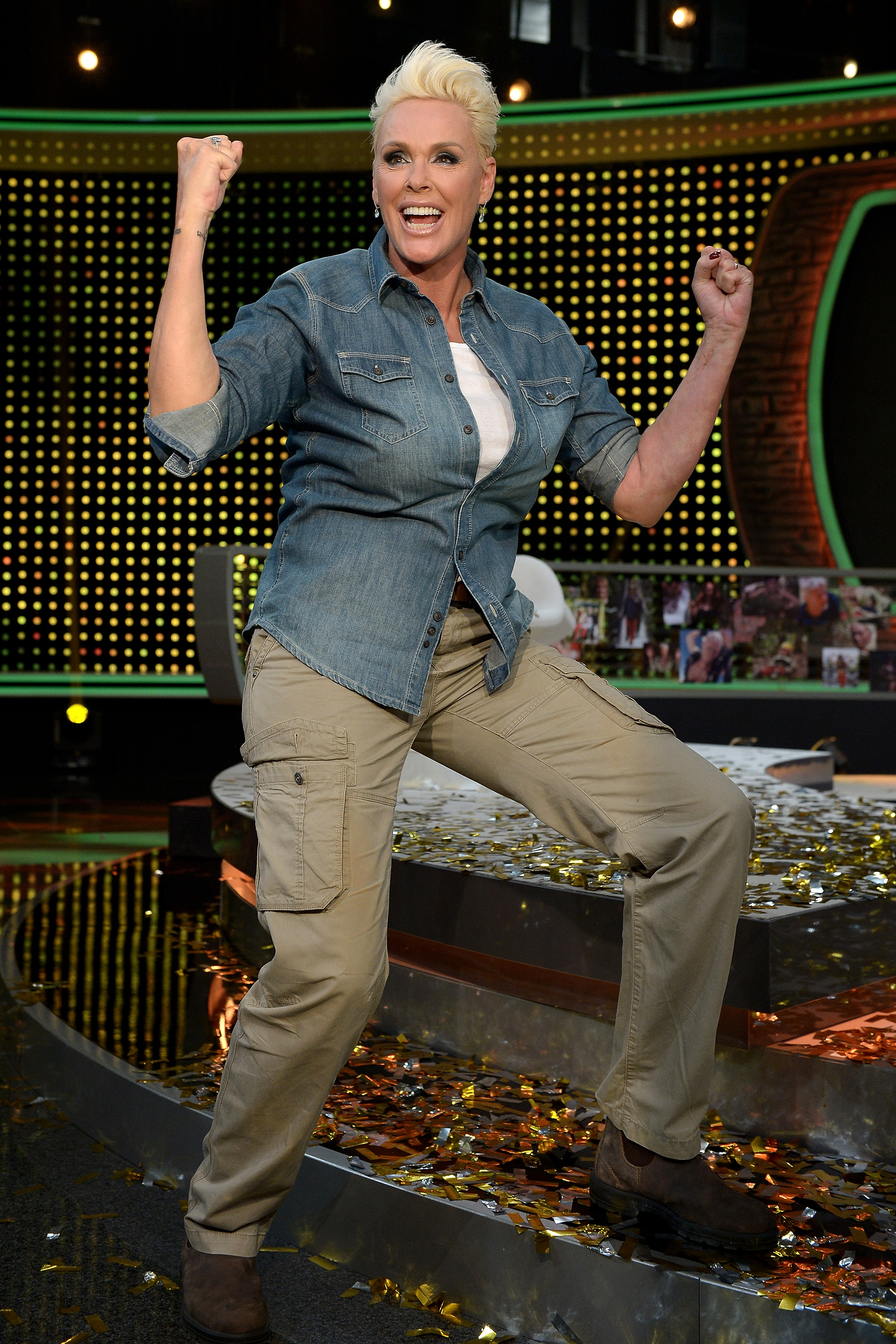 Brigitte Nielsen reacts after winning the final of the television show 'Ich bin ein Star - lasst mich wieder rein!' (English: I'm a Celebrity... Get Me In There) on August 8, 2015 in Huerth, Germany.