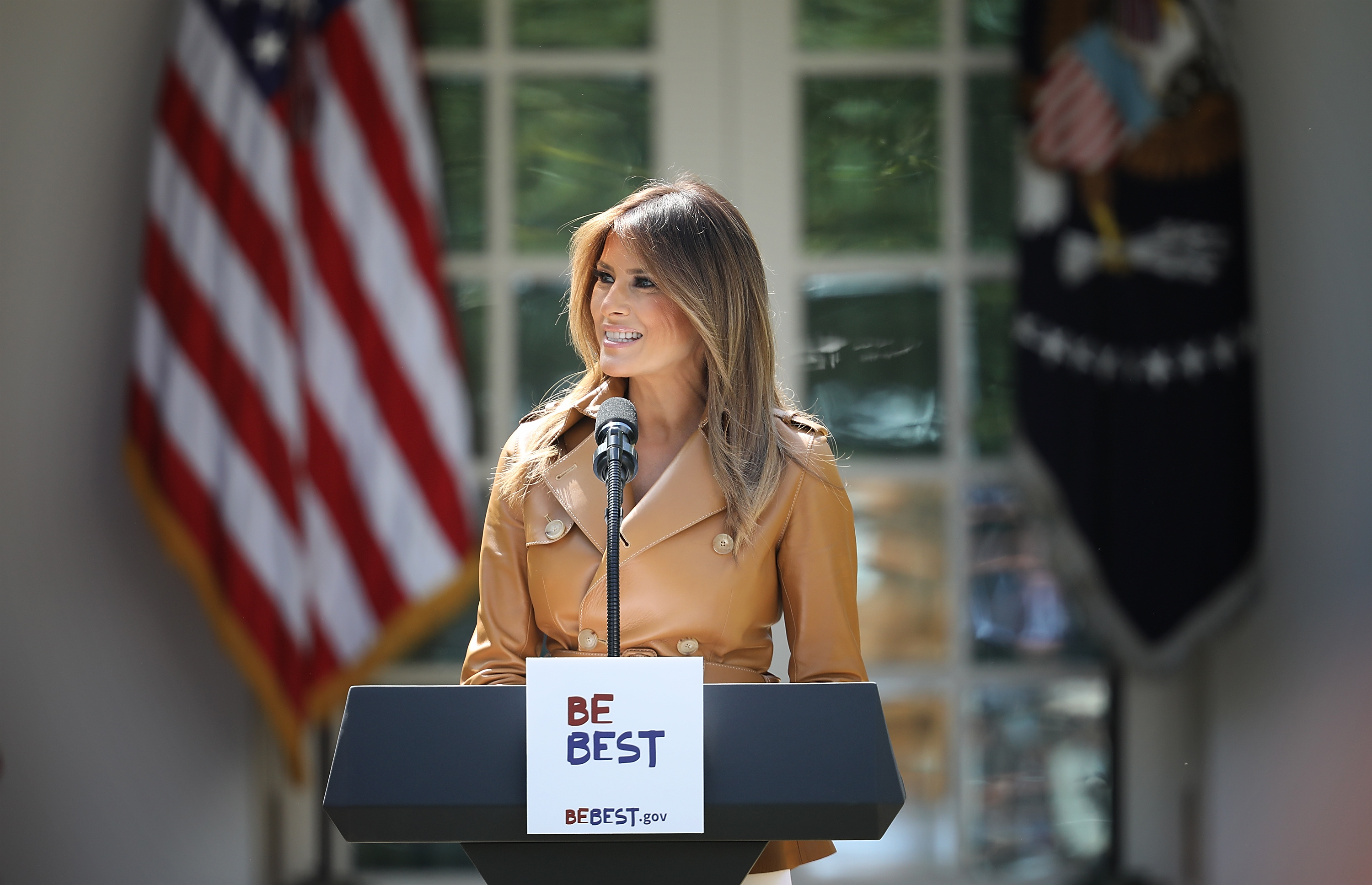 U.S. First Lady Melania Trump speaks in the Rose Garden of the White House May 7, 2018, in Washington, DC. Trump outlined her new initiatives, known as the Be Best program, during the event. (Getty Images)