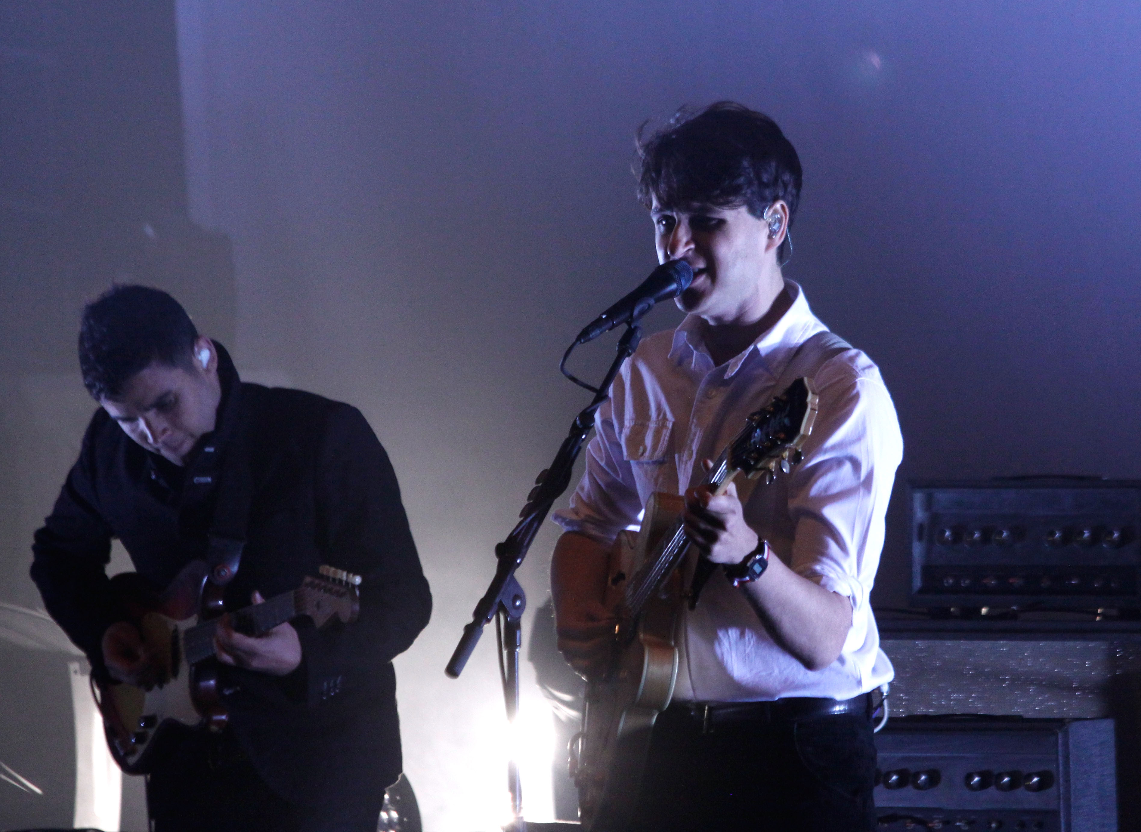 Rostam Batmanglij and Ezra Koenig of Vampire Weekend perform for the 'American Express Unstaged' music series, directed by Steve Buscemi, live streamed at Roseland Ballroom on April 28, 2013 in New York City. (Photo credit: Getty Images)