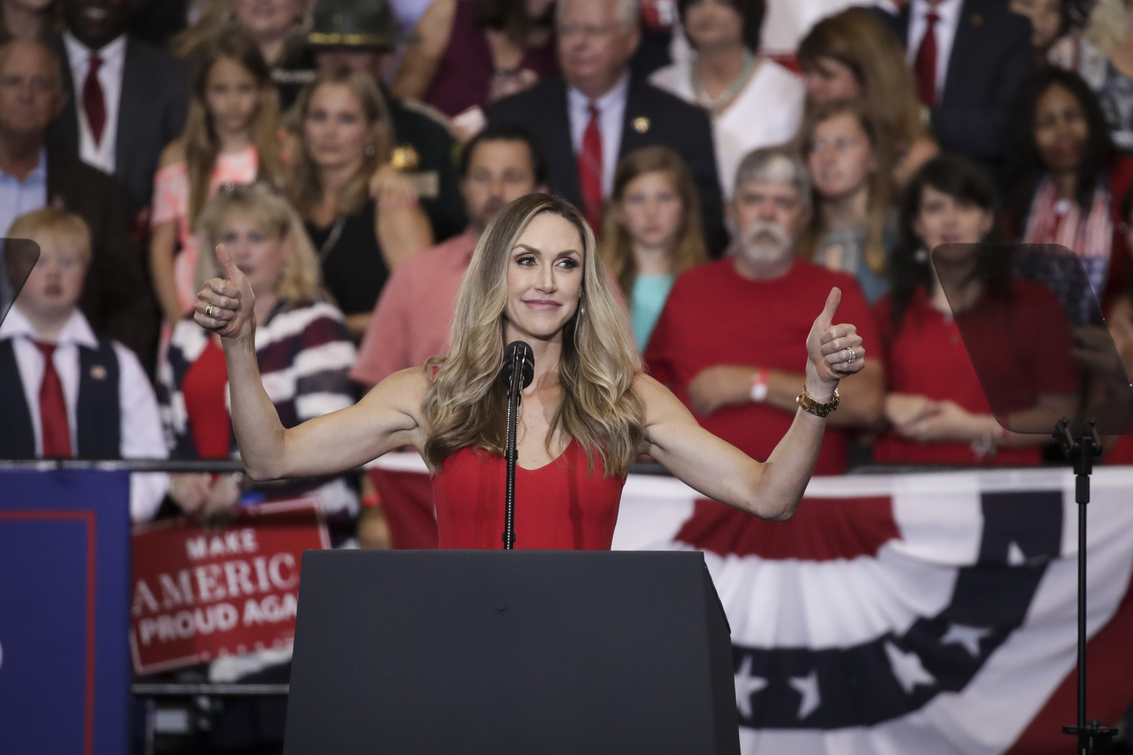Lara Trump speaks prior to the arrival of U.S. President Donald Trump during a rally at the Nashville Municipal Auditorium, May 29, 2018 in Nashville, Tennessee. Earlier in the day, President Trump held a fundraising event in support of Rep. Marsha Blackburn (R-TN), who is running for a U.S. Senate seat against former two-term Tennessee Governor Phil Bredesen, a Democrat. They are competing for the Senate seat currently held by Sen. Bob Corker (R-TN), who declined to run for a third term. Recent polling indicates a close race between Blackburn and Bredesen.
