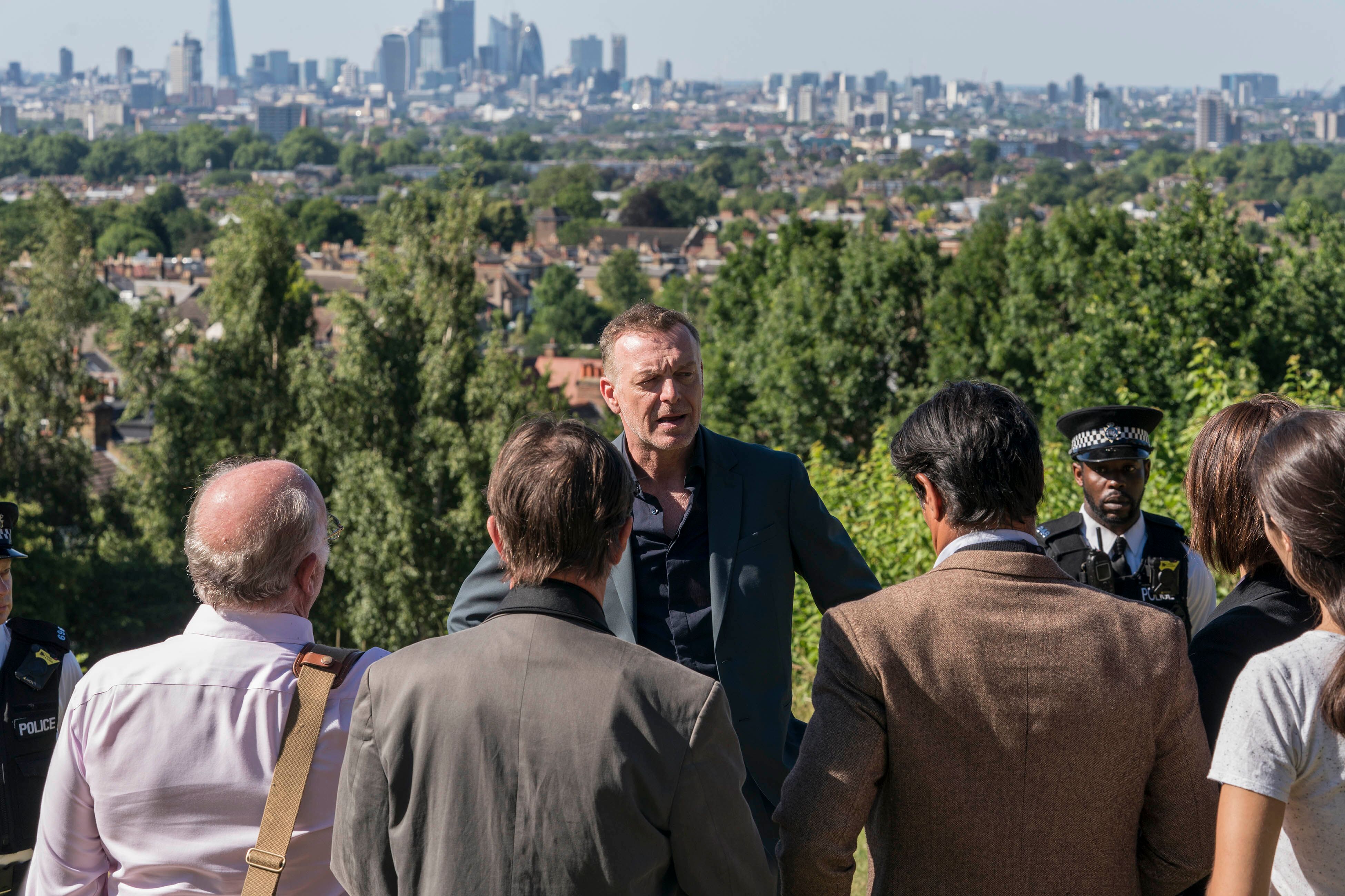 Detective Inspector David Bradford (Hugo Speer) addressing reporters in episode one of London Kills. Source: Acorn TV