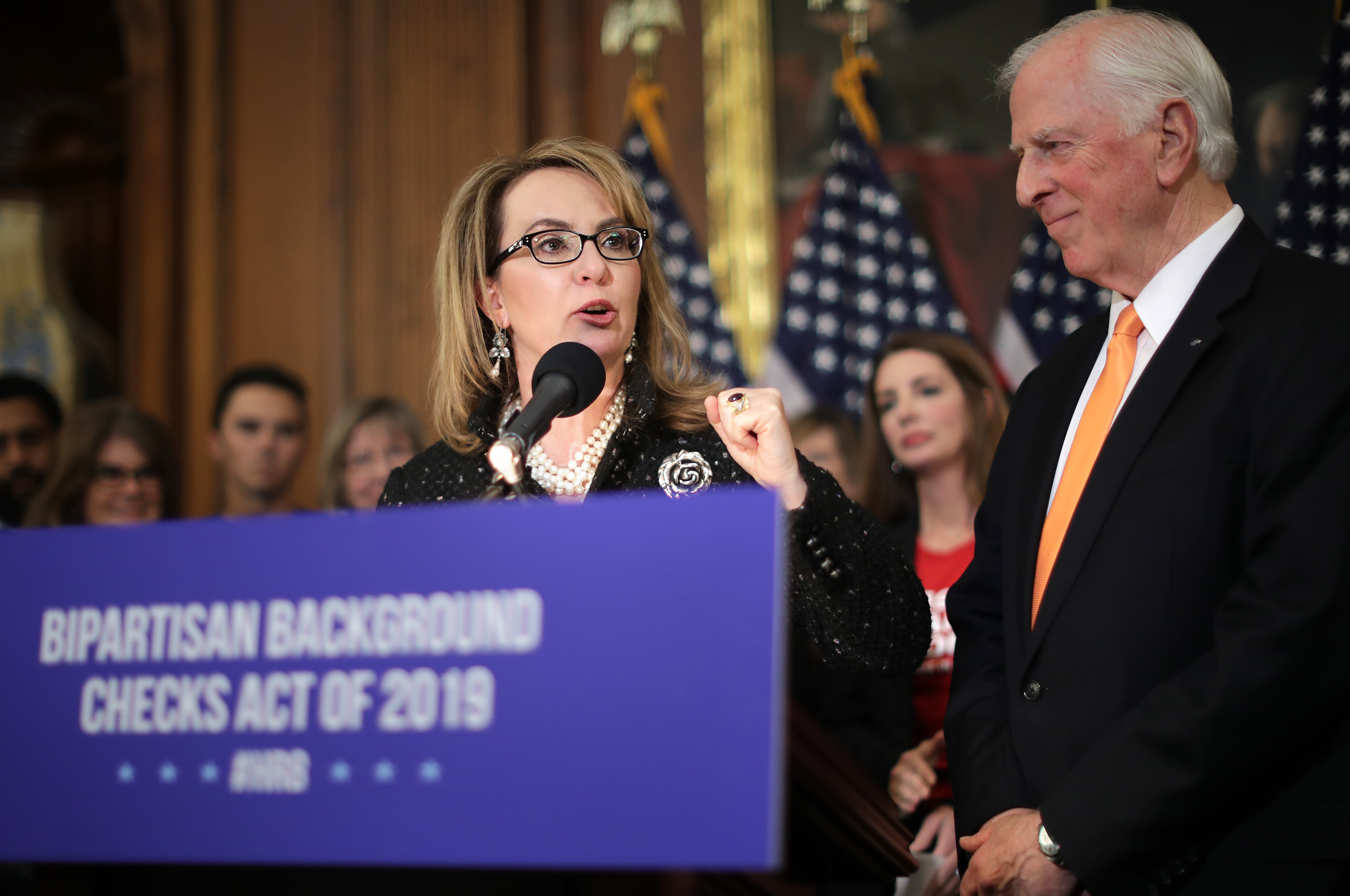 Former Arizona Congresswoman Gabby Giffords (C) joins Rep. Mike Thompson (D-CA), chair of the Gun Violence Prevention Task Force other gun violence survivors and safety advocates for a news conference to introduce legislation to expand background checks for firearm sales in the Rayburn Room of the U.S. Capitol January 08, 2019 in Washington, DC. (Getty Images)