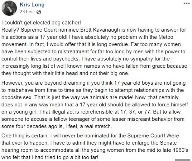 Screenshot of Long's deleted post defending Kavanaugh on Facebook.