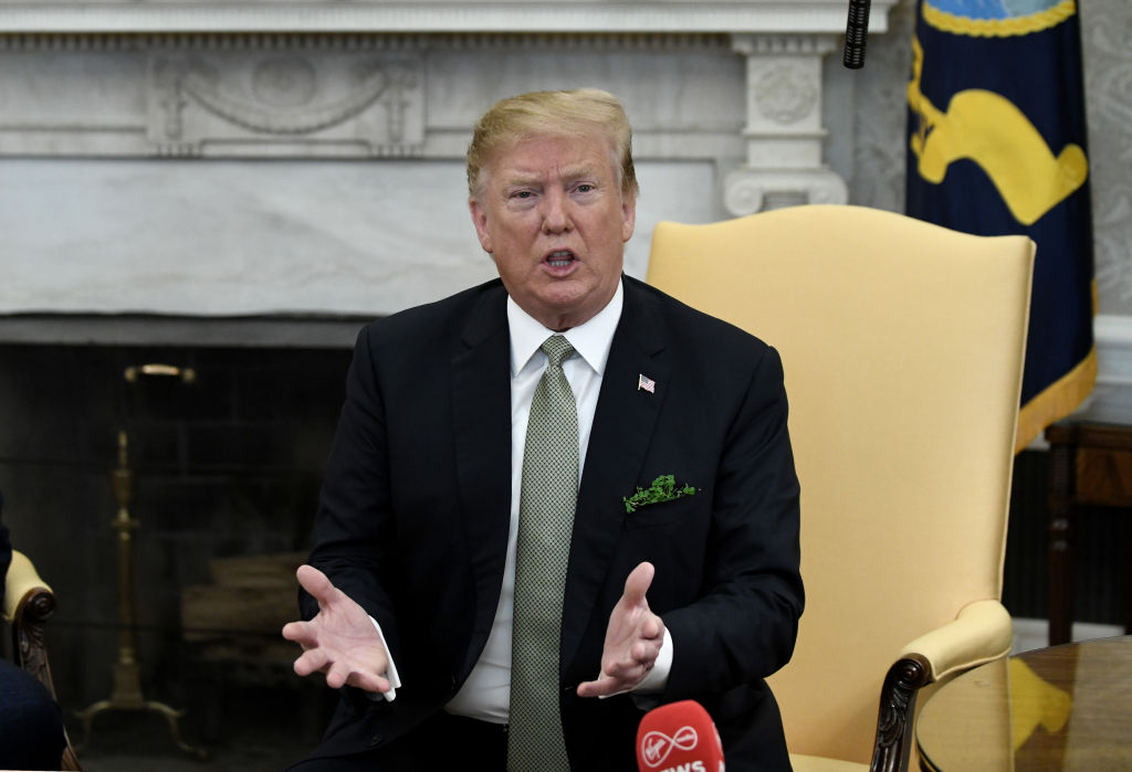 U.S. President Donald Trump speaks during a meeting with Ireland Prime Minister Leo Varadkar in the Oval Office of the White House on March 14, 2019 in Washington, DC. (Photo by Olivier Douliery-Pool/Getty Images)