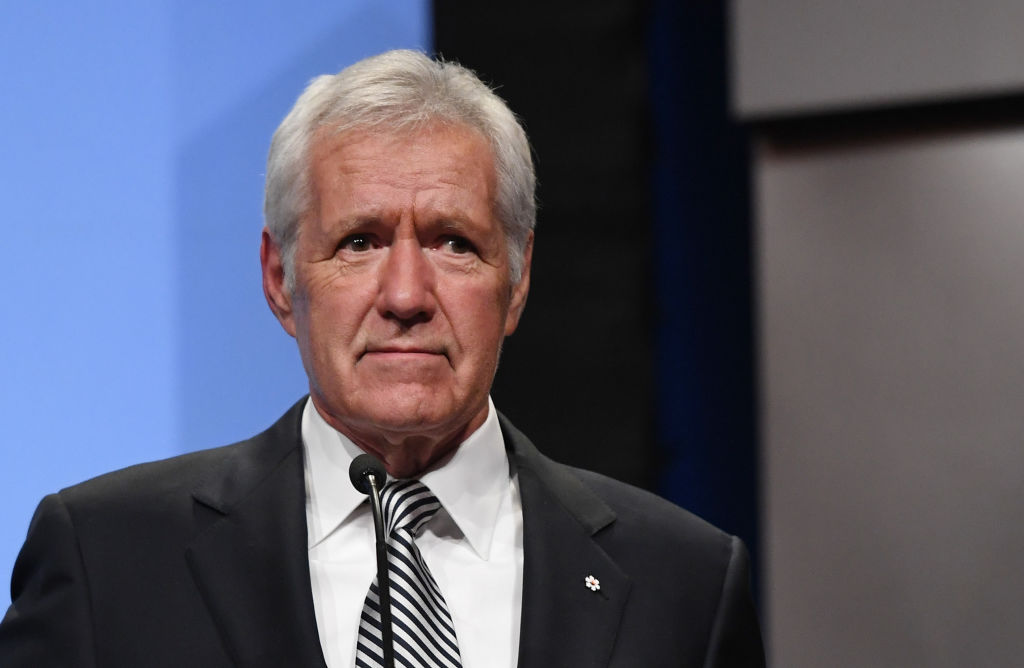 'Jeopardy!' host Alex Trebek speaks as he is inducted into the National Association of Broadcasters Broadcasting Hall of Fame during the NAB Achievement in Broadcasting Dinner at the Encore Las Vegas on April 9, 2018, in Las Vegas, Nevada (Getty Images)