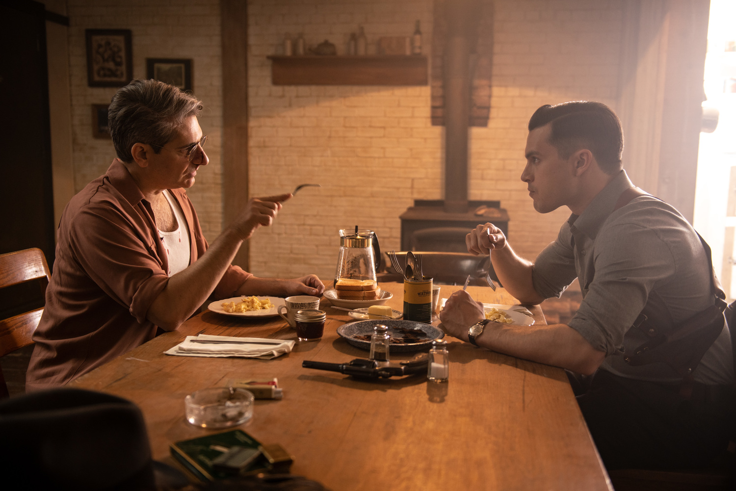 Michael Imperioli as Rizzuto and Michael Malarkey as Captain Michael Quinn in HISTORY's 'Project Blue Book'. (Source: A + E Network)