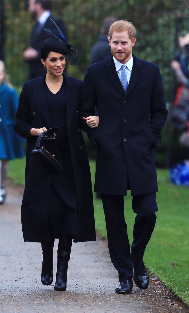Meghan, Duchess of Sussex and Prince Harry, Duke of Sussex arrive to attend Christmas Day Church service at Church of St Mary Magdalene on the Sandringham estate on December 25, 2018, in King's Lynn, England (Source: Stephen Pond/Getty Images)