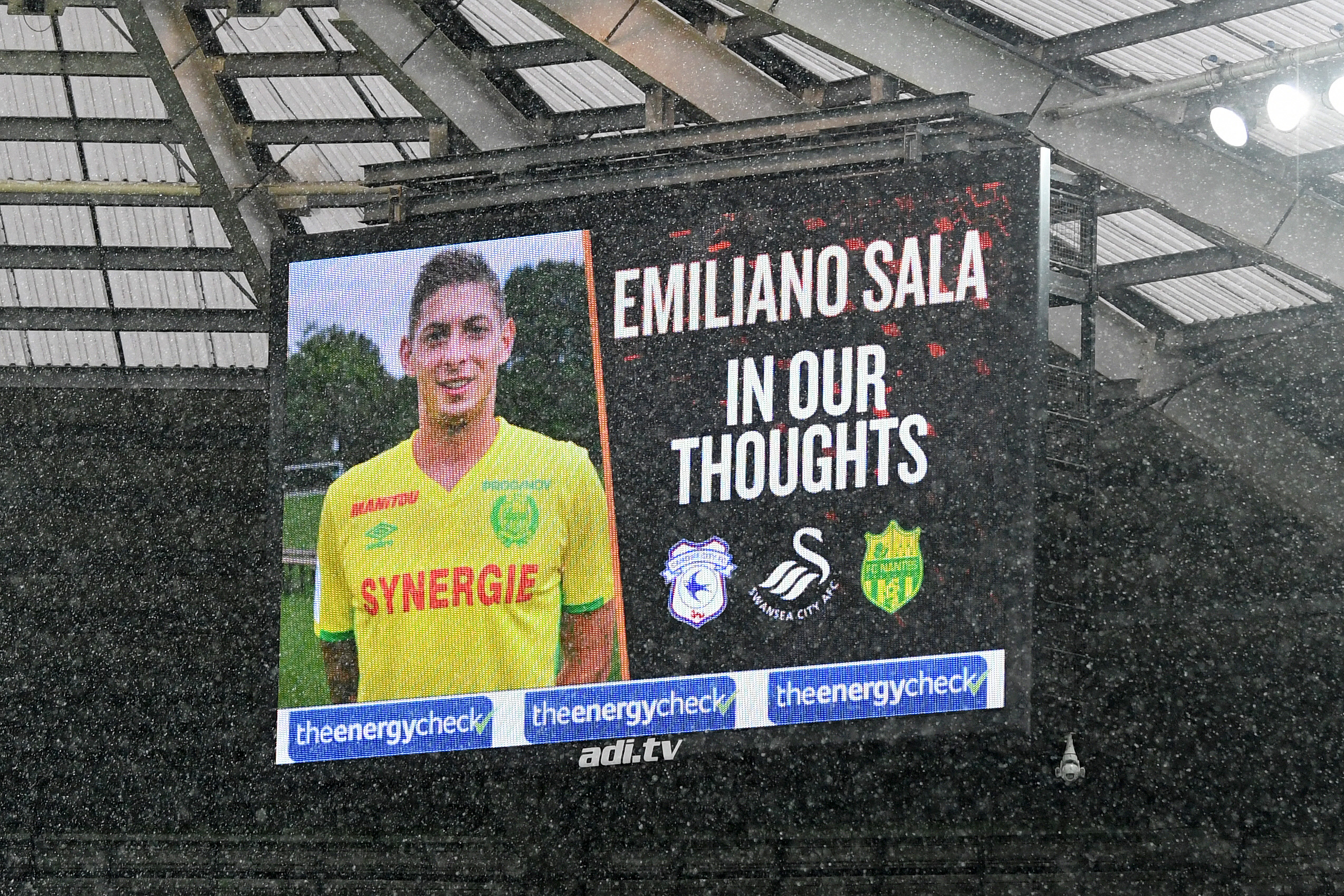 The LED screen shows a tribute to Emiliano Sala prior to the FA Cup Fourth Round match between Swansea City and Gillingham at Liberty Stadium on January 26, 2019 in Swansea, United Kingdom. (Getty Images)