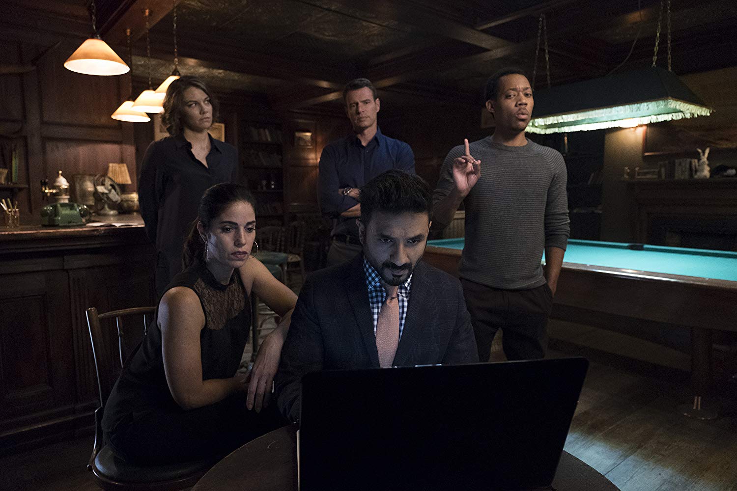 Scott Foley, Ana Ortiz, Lauren Cohan, Tyler James Williams, and Vir Das in 'Whiskey Cavalier'. (Source: IMDB)