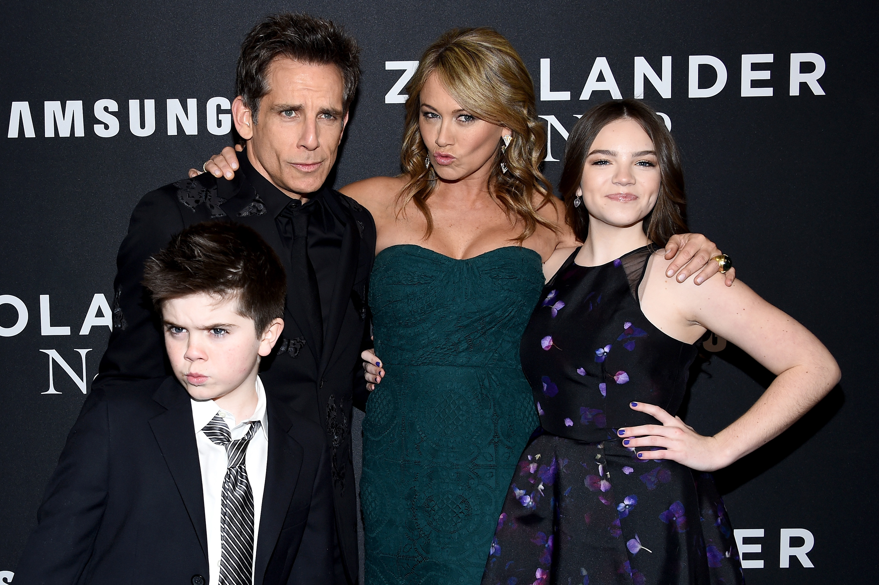 (L-R) Quinlin Stiller, Ben Stiller, Christine Taylor and Ella Stiller attend the 'Zoolander 2' World Premiere at Alice Tully Hall on February 9, 2016 in New York City.